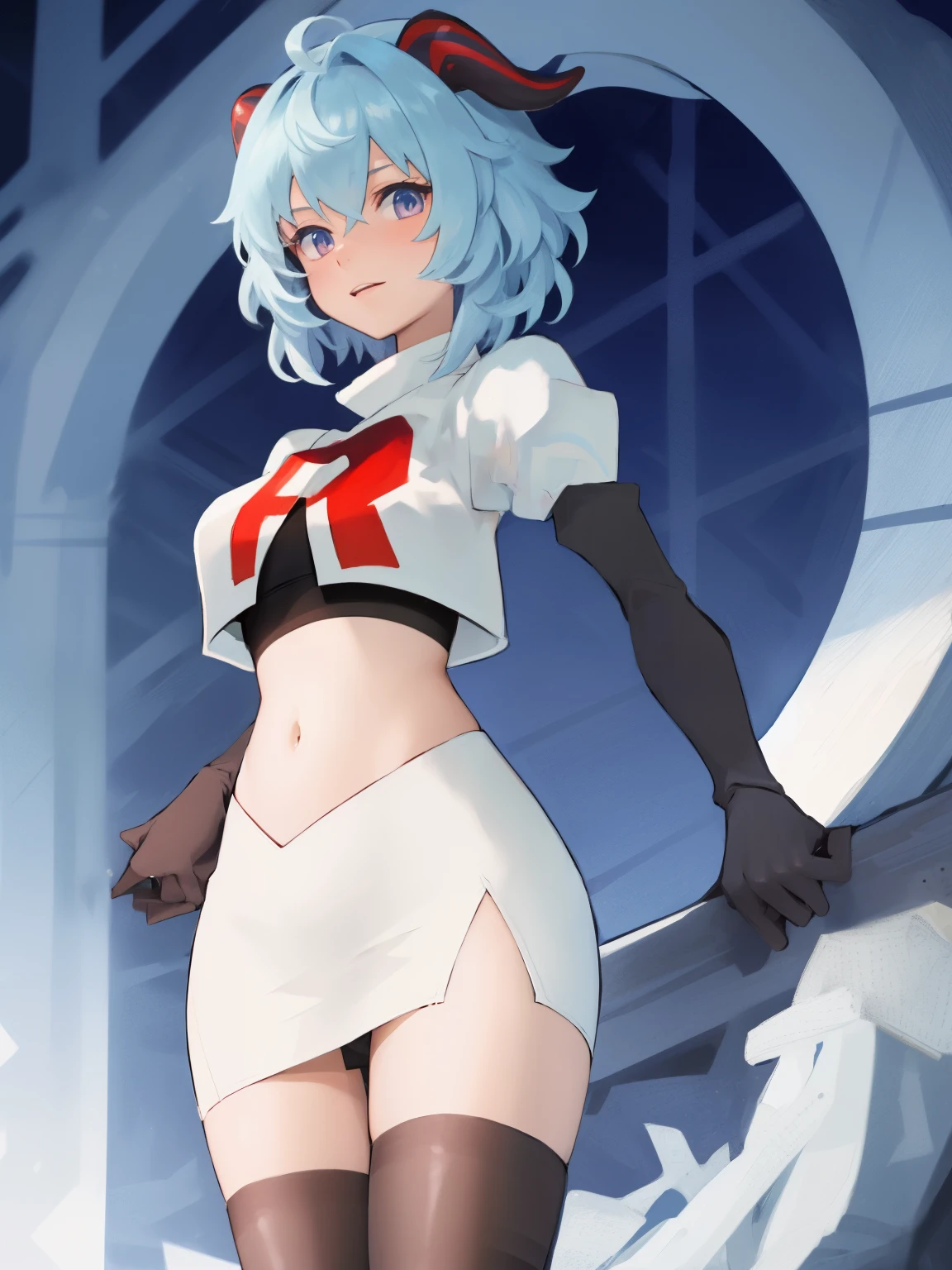 ganyudef, short hair, light blue hair, horns on head, team rocket,team rocket uniform, red letter R, white skirt,white crop top,black thigh-highs,black elbow gloves