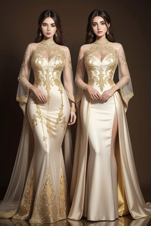 Beautiful twin sisters full body shot standing next to each other golden thin see through gowns with embroidery