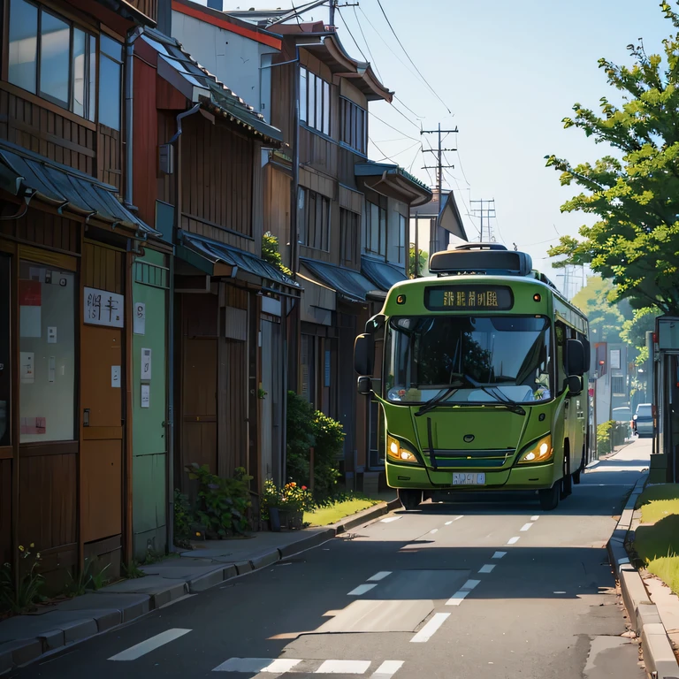 A route bus running through a rural street、Faraway view、green route bus