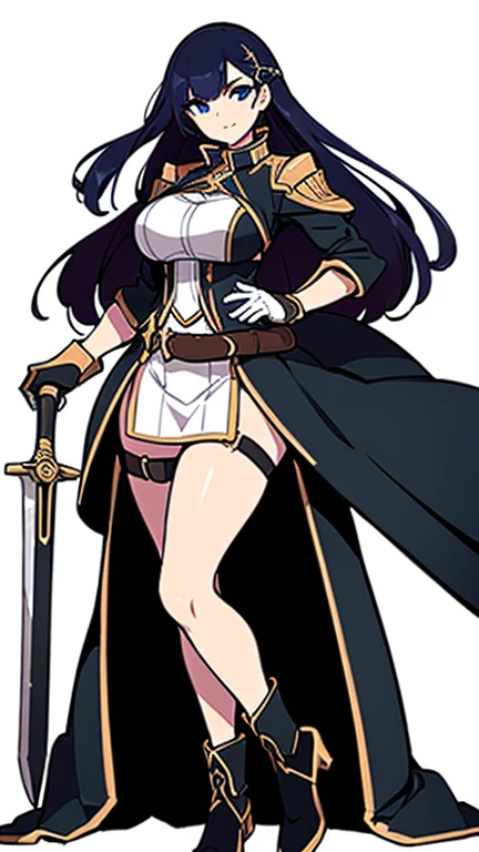 (((Best Quality))) , ((full body)), female, reference sheet, solo, (white background), holding weapon, gloves, slit trench skirt, bareback, belt,