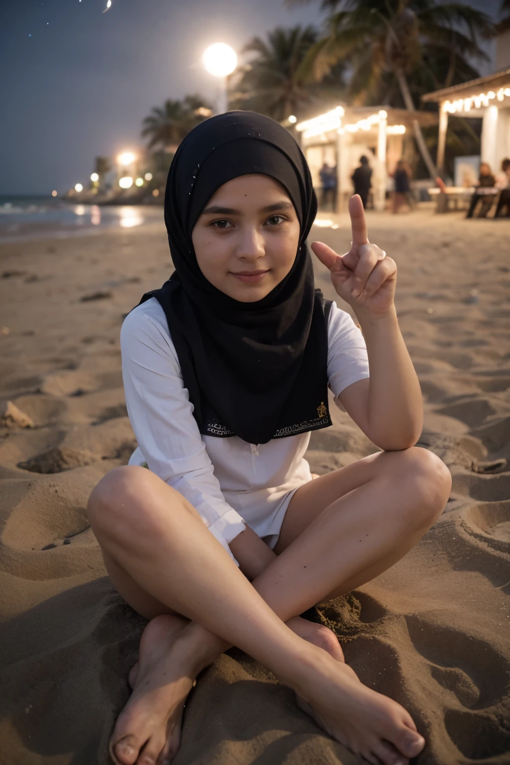 a  girl wearing hijabs is sitting on the sand, he is pointing at an inscription "Zakiyya". The writing is in the form of light painting, the Background of the beach at night, there is a moon and stars. aesthetic