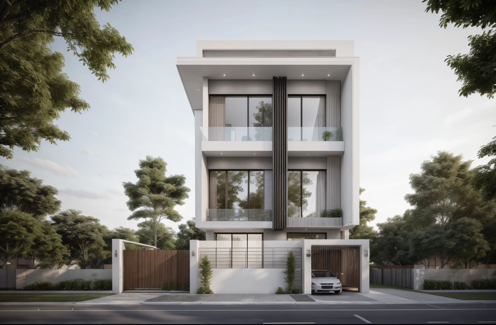 masterpiece, (photorealistic:1.2), best quality, ultra high res, exterior,architechture,modern house,white wall, glass windows,,trees,traffic road,design,trees around, blue sky,in the style of realistic hyper-detailed rendering, 32k uhd, low-angle, composite construction, piles/stacks, innovative page design, daylight,render( Vray:1.1)