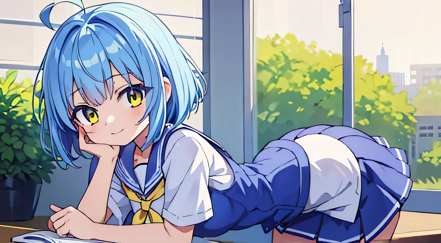 masutepiece, Best Quality, Extremely detailed, Anime, girl, Blunt bang, sky blue hair, Yellow eyes, girl, lightsmile, Sky Blue Uniform, Bora hairstyle, bob cuts, Miniskirt, Ahoge