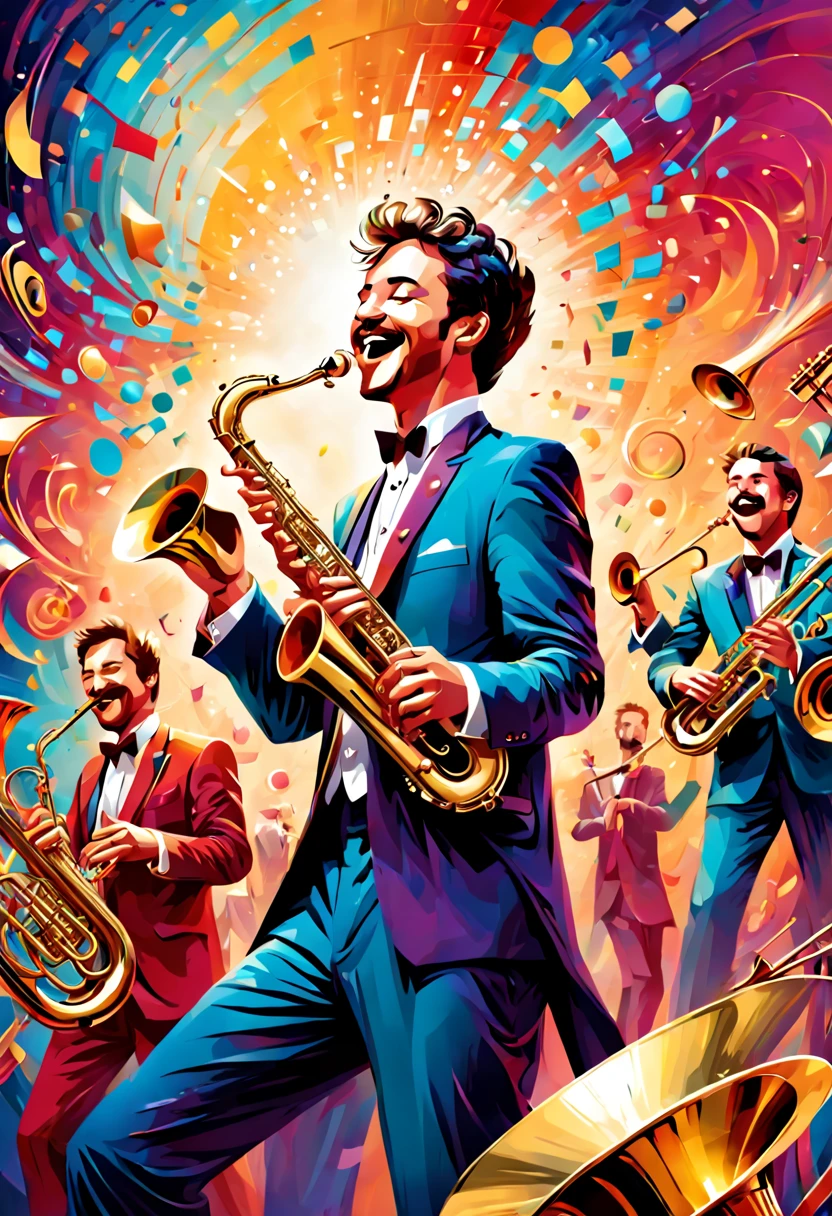 abstract style a group of musician, brass section , colors and shapes, expression of happy feelings, imaginative, highly detailed, absolute straight line