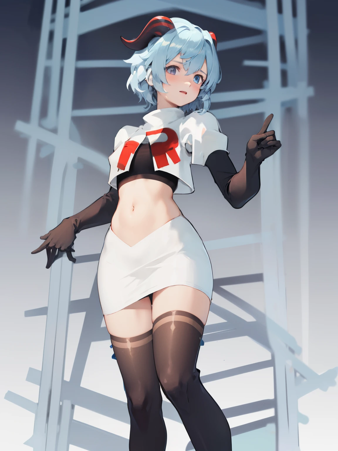 ganyudef, short hair, light blue hair, horns on head, team rocket,team rocket uniform, red letter R, white skirt,white crop top,black thigh-highs,black elbow gloves