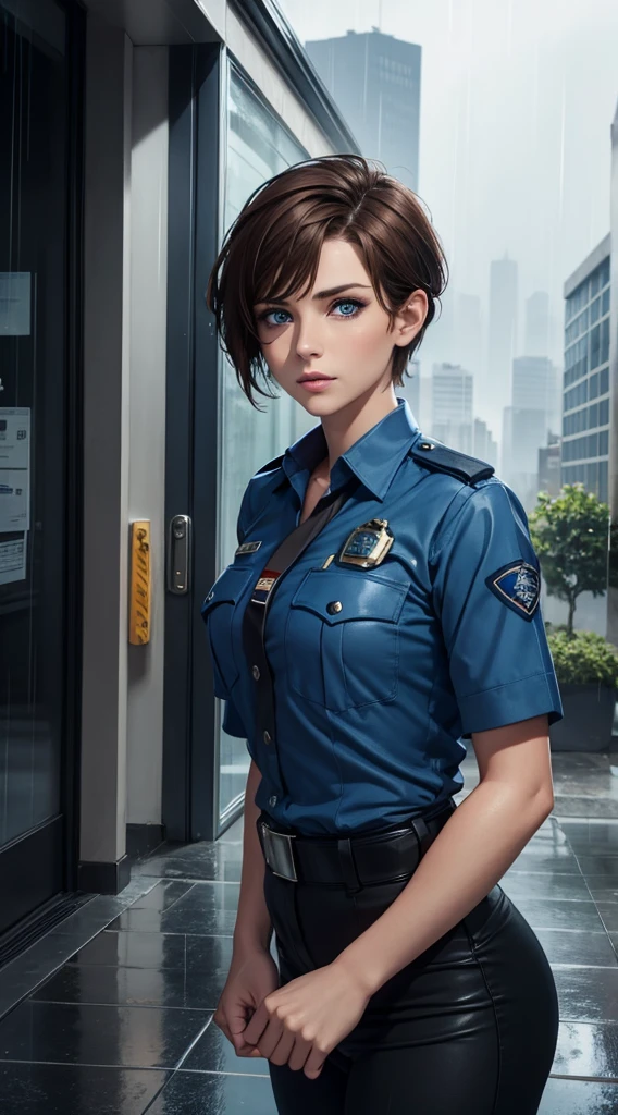 Beautiful Short Pixie Brown Hair Woman Blue Eyes Wearing Police Uniform in Building in the Rain