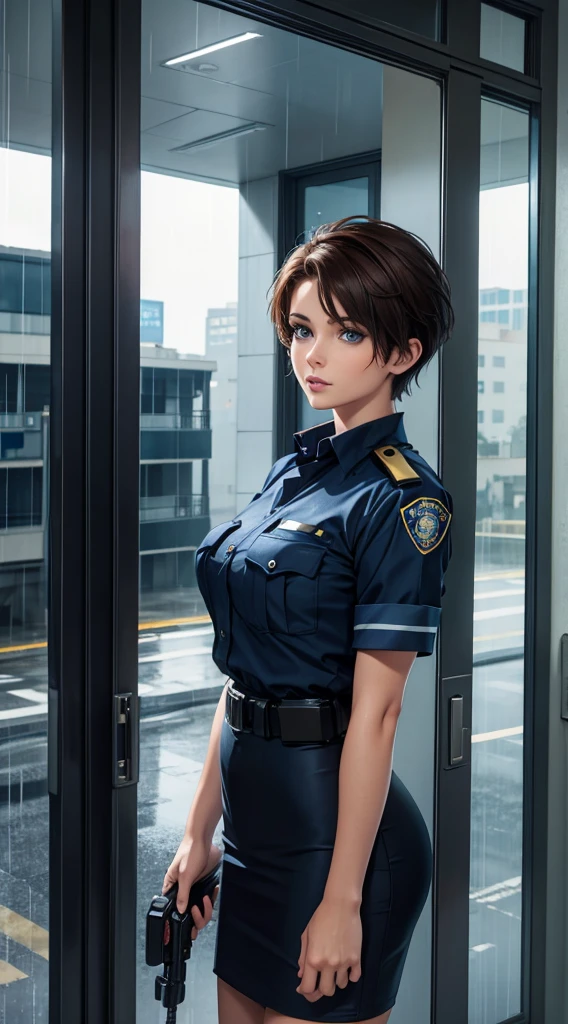 masterpiece, best quality, ultra high res, (photorealistic:1.8), unreal_engine, photograph, realistic_skin_texture, <lora:topaz-officer-v1:0.65>, cowboy shot, 1girl, solo, sxtopaz, short hair, brown hair, blue eyes, earrings, police uniform, rifle