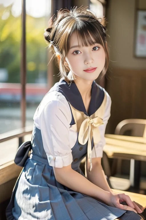 ((masterpiece))), (((Full body photo))), (One beautiful Japan girl, classmates, landscape and innocence,kawaii) ,超A high resolution, Realistic, ultra-detailliert, 8K,top-quality, Extremely detailed, A slender,very beautiful japanese girl, Detailed face:1.3), (Bery short hair,I tied her hair in a bun.A dark-haired :1.4), (a ,kawaii系,adorable 14 year ol girl), (Perfect body:1.1),(Perfect fingers), (Neat sailor suit,Dark blue mini skirt、Dark blue high socks、, Cute and innocent look,Please show me your beautiful teeth,Wonderland, sexy pose,rosy cheeks, Sparkling eyes, kawaiiポーズ, ((Inside the coffee shop))、cute cake on the table、slow steamed coffee、soft afternoon light、Wrapped in the soft light shining through the window、Reading a book,gentle and delicate lighting, Pastel color palette, dreamy ambiance, Magical, Vivid colors, Bokeh,