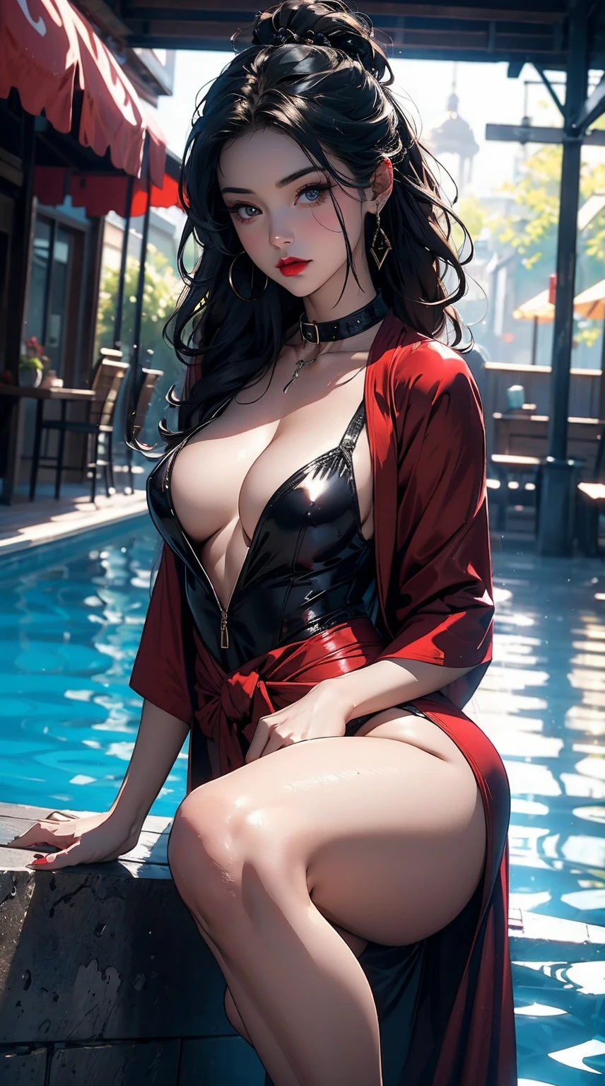 35 year old women, wearing red robe, short red robe, long black hair, almond shape eyes, double eyelashes, eye makeup, red lipstick, glossy lips, collar bone, big breast, clevage, small waist, big ass, thick thighs, crossed legs, sexy figure , glossy skin, shining skin, looking at view, dramatic pose, swimming pool background, blur background, cinematic light, 200mm portrait, masterpiece quality, UHD, high resolution, High quality, super detailed, super detailed skin, super detailed eyes, super detailed, ultra detailed red robe,