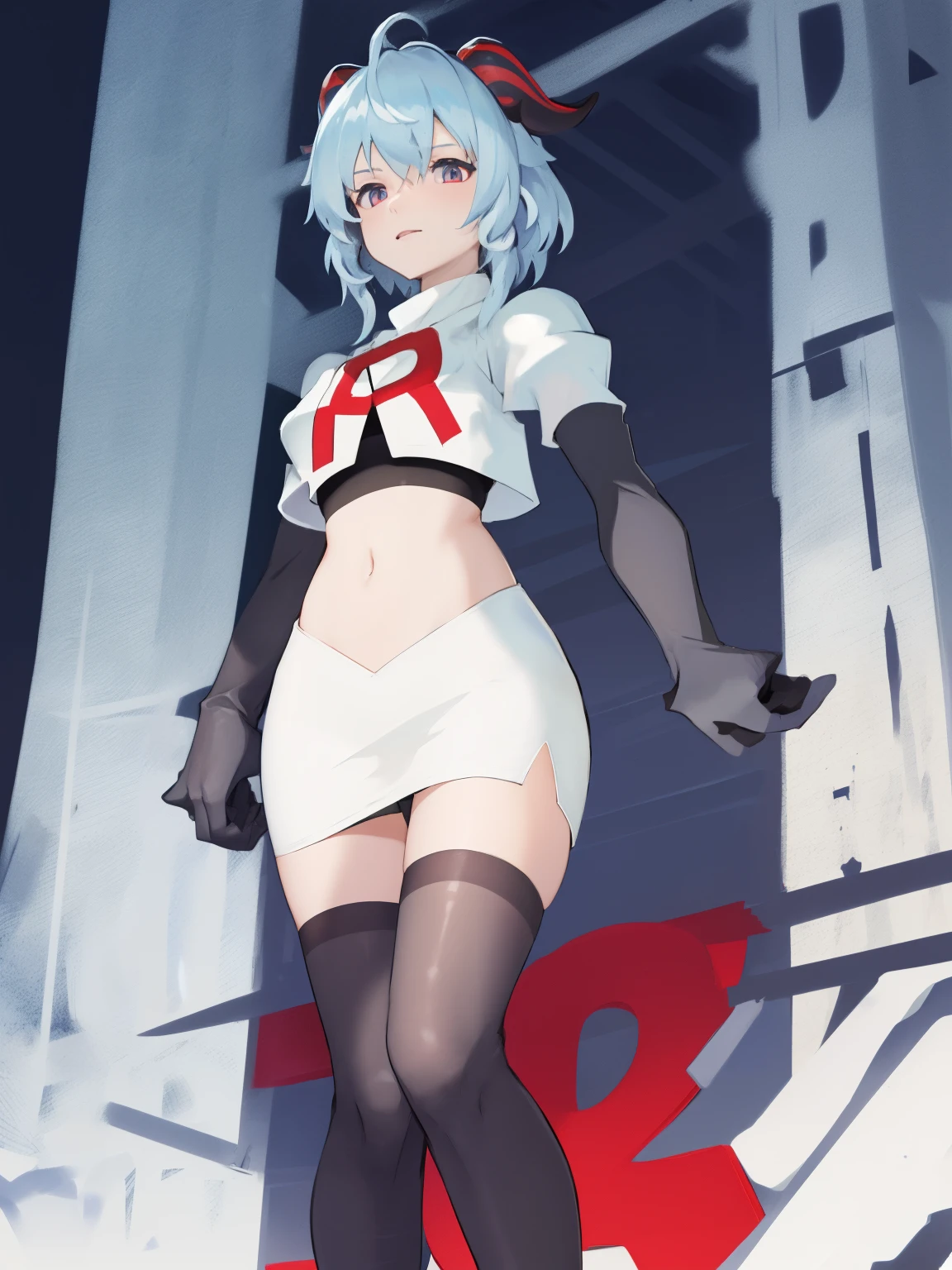 ganyudef, short hair, light blue hair, horns on head, team rocket,team rocket uniform, red letter R, white skirt,white crop top,black thigh-highs,black elbow gloves