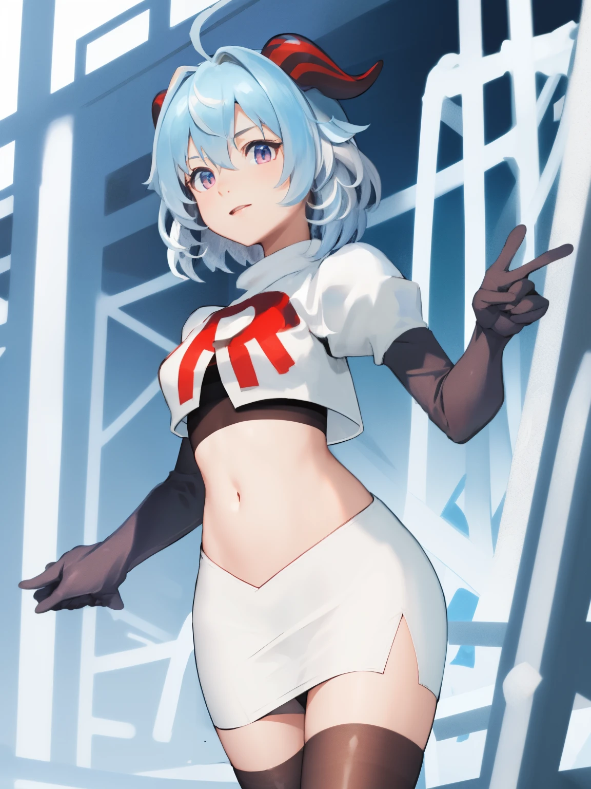 ganyudef, short hair, light blue hair, horns on head, team rocket,team rocket uniform, red letter R, white skirt,white crop top,black thigh-highs,black elbow gloves