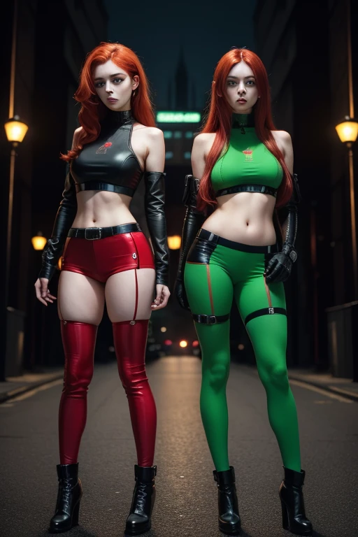 beautiful twin sisters red hair green big eyes, wearing very tight cyberpunk outfit standing next to each other, full body shot