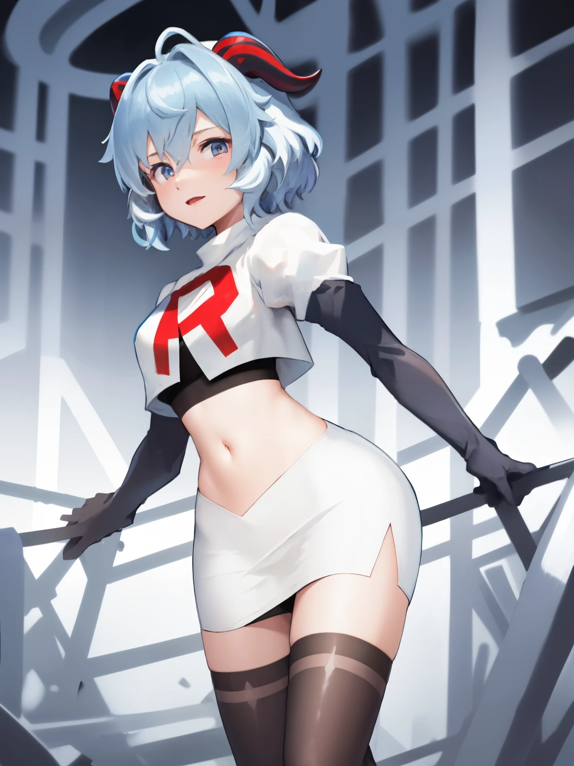 ganyudef, short hair, light blue hair, horns on head, team rocket,team rocket uniform, red letter R, white skirt,white crop top,black thigh-highs,black elbow gloves