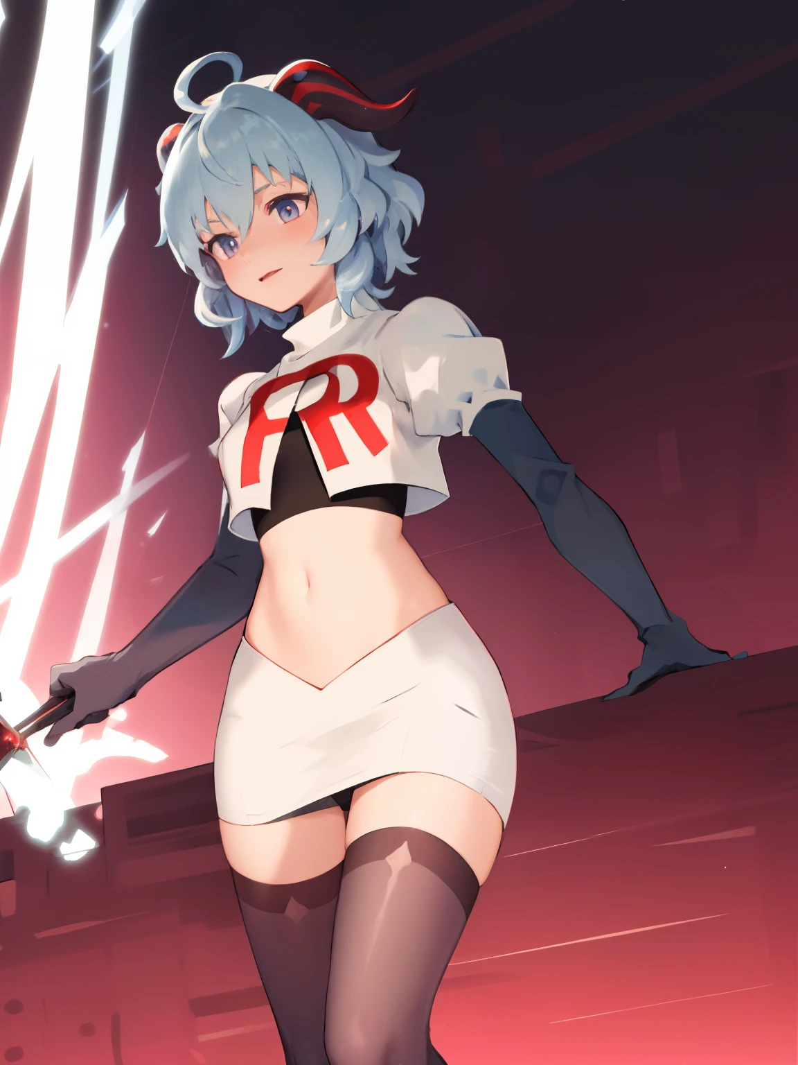 ganyudef, short hair, light blue hair, horns on head, team rocket,team rocket uniform, red letter R, white skirt,white crop top,black thigh-highs,black elbow gloves