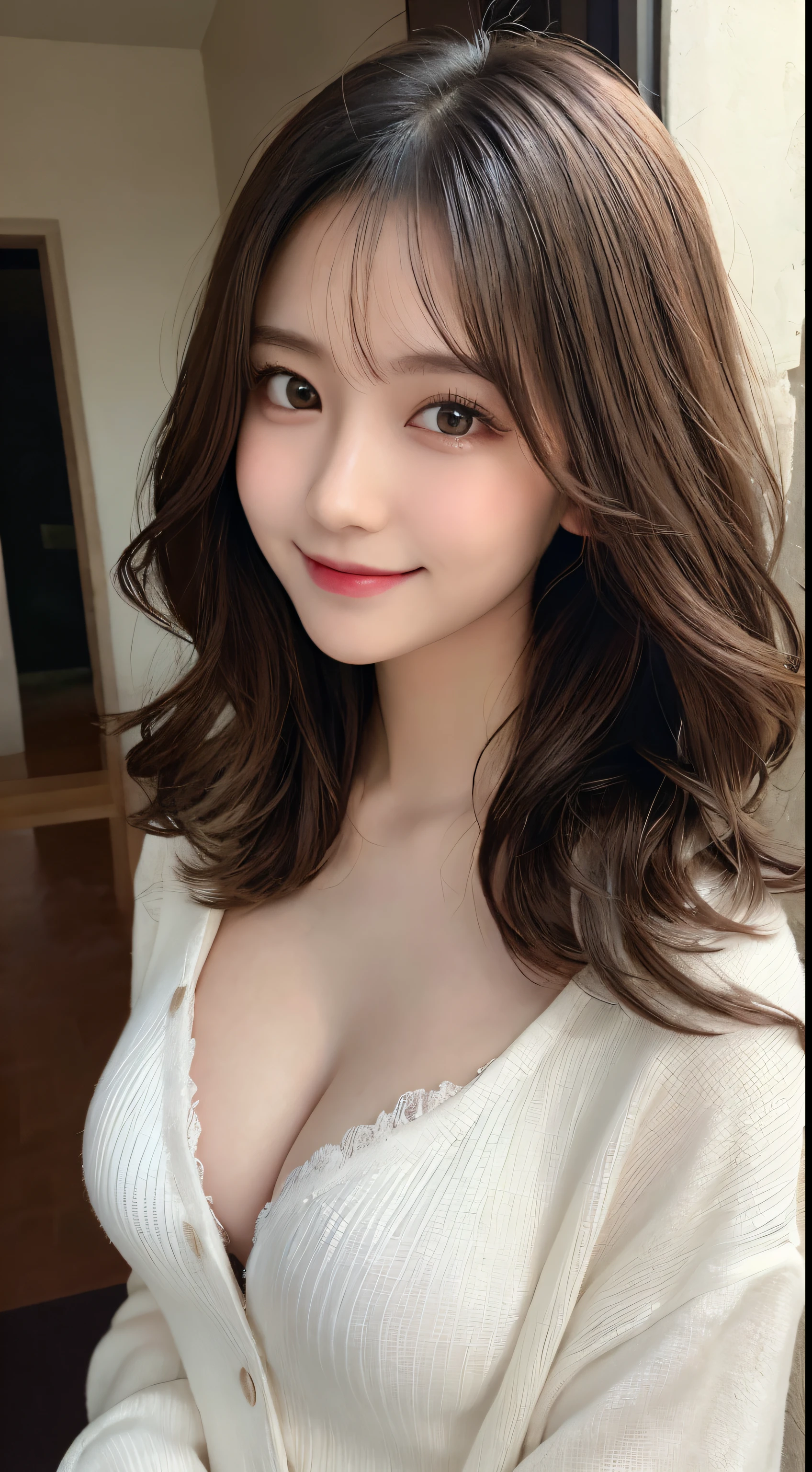 masutepiece, Best Quality, Illustration, Ultra-detailed, finely detail, hight resolution, 8K Wallpaper, Perfect dynamic composition, Beautiful detailed eyes, Down jacket,Wavy Hair,Small breasts natural color lip, Bold sexy poses,Smile、20 years girl、Cute、Sexy shot looking at camera,Raw photo,disheveled hair