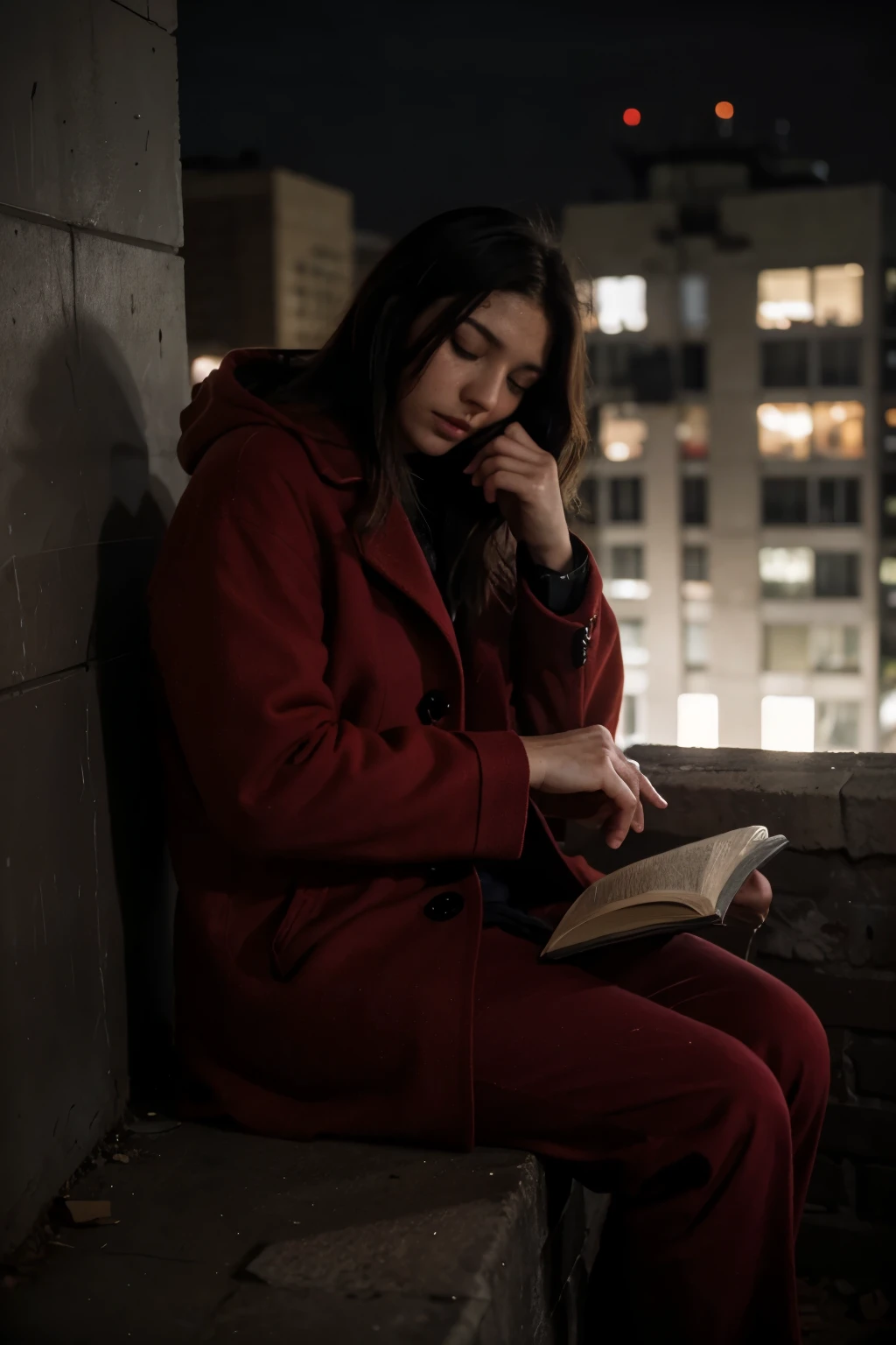 a man in a red wool coat hiding his face in total darkness sitting on top of a city building and leaning against the wall reading a book in the darkness in an apocalyptic scenario
