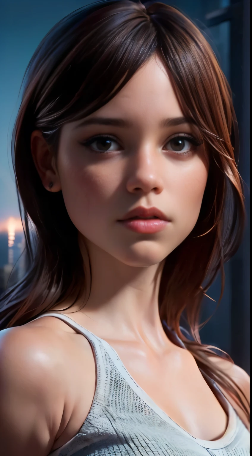 photo of Jenna Ortega, RAW, beautiful woman, ((portrait)), ((detailed face:1.2)), ((detailed facial feature, detailed skin, clear skin), (perfect proportioned body), (wearing a dark one shoulderdress) (high detailed city environment, apartment balcony), (realistic photo, best quality, detailed), (8k wallpaper), (cinematic lighting, dramatic lighting) (sharp focus, intricate)