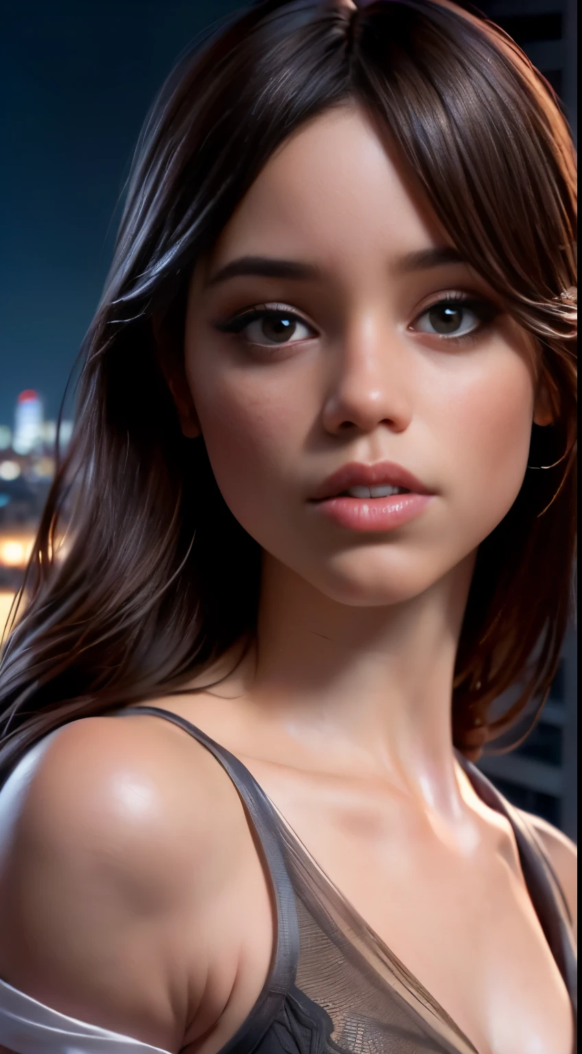 photo of Jenna Ortega, RAW, beautiful woman, ((portrait)), ((detailed face:1.2)), ((detailed facial feature, detailed skin, clear skin), (perfect proportioned body), (wearing a dark one shoulderdress) (high detailed city environment, apartment balcony), (realistic photo, best quality, detailed), (8k wallpaper), (cinematic lighting, dramatic lighting) (sharp focus, intricate)