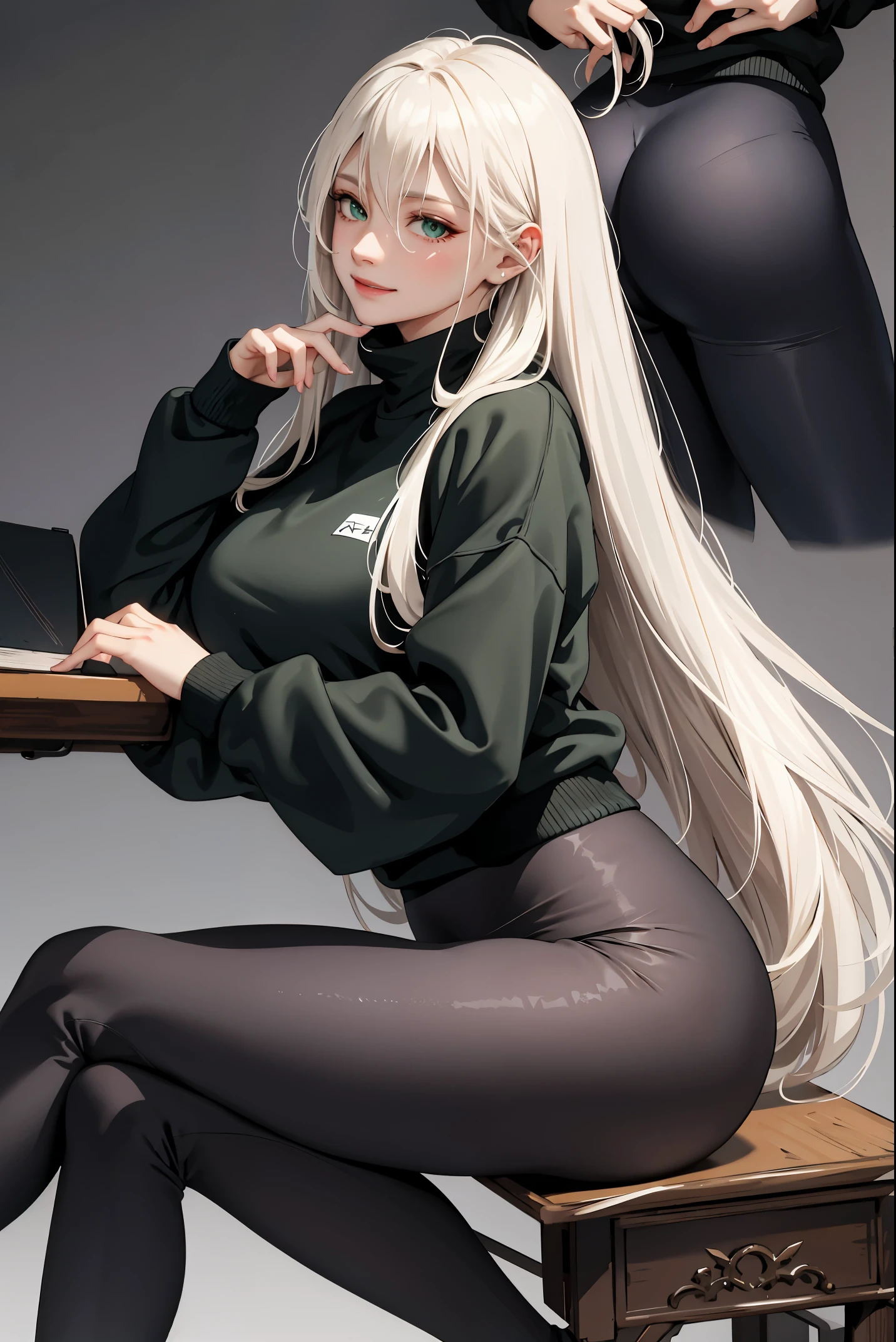 (masterpiece:1.2, best quality), (real picture, intricate details), 1lady, solo, upper body, showing legs, sitting down, school , school settings, long hair, minimal makeup, detailed face, smiling, really long light platinum blonde hair, bangs, hair between eyes, green eyes, big plump breasts, big ass, SFW, clothes, leggings, leggings pants, leggings, oversized sweatshirt, sweatshirt, leggings and sweatshirt, sweatshirt and leggings.