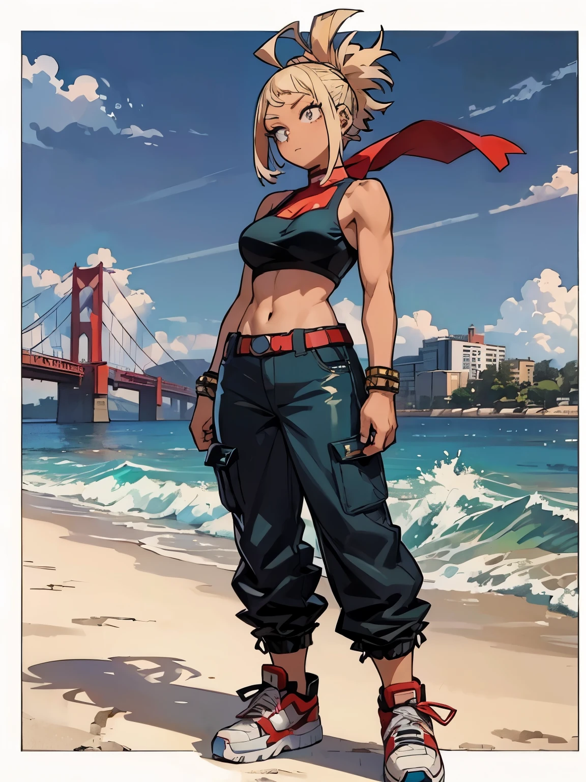 (((My Hero Academia Style))), 1girl, female, (Full Body Photo:1.5), Blonde girl, dark-skinned female, dark-skinned girl, violet eyes, short hair, spiky short hair, asymmetrical bangs, spiky bangs, long side bangs, spiky side bangs, spiky hair, confident smile, medium breasts, wide hips, round hips, wide thighs, thick thighs, Blue decorated nails, blue nails, Black tank top, Black top, Black tank top over red tube top, red tube top, tube top, brown mid-rise pants, baggy mid-rise pants, baggy pants, mid-rise pants, red sneakers, sneakers, Perfect anatomy, perfect hands, super detailed, standing, standing pose, cowboy shot, cowboy shot pose, peace sign, peace sign pose, Beach road background, beach road, road background, beach background,