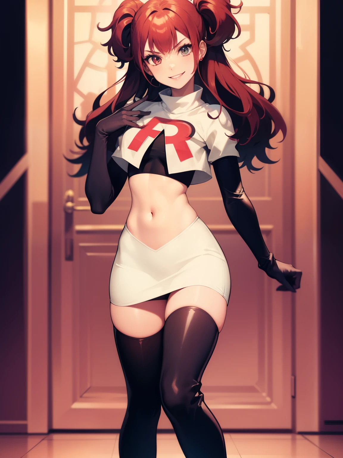 Rise Kujikawa (Persona) ,glossy lips ,team rocket uniform, red letter R, white skirt,white crop top,black thigh-high boots, black elbow gloves, evil smile, looking at viewer, cowboy shot
