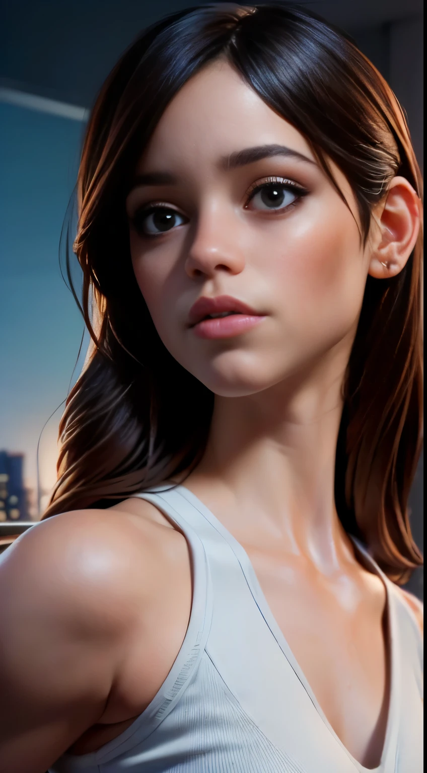 photo of Jenna Ortega, RAW, beautiful woman, ((portrait)), ((detailed face:1.2)), ((detailed facial feature, detailed skin, clear skin), (perfect proportioned body), arched back, (wearing a dark one shoulderdress) (high detailed city environment, apartment balcony), (realistic photo, best quality, detailed), (8k wallpaper), (cinematic lighting, dramatic lighting) (sharp focus, intricate)