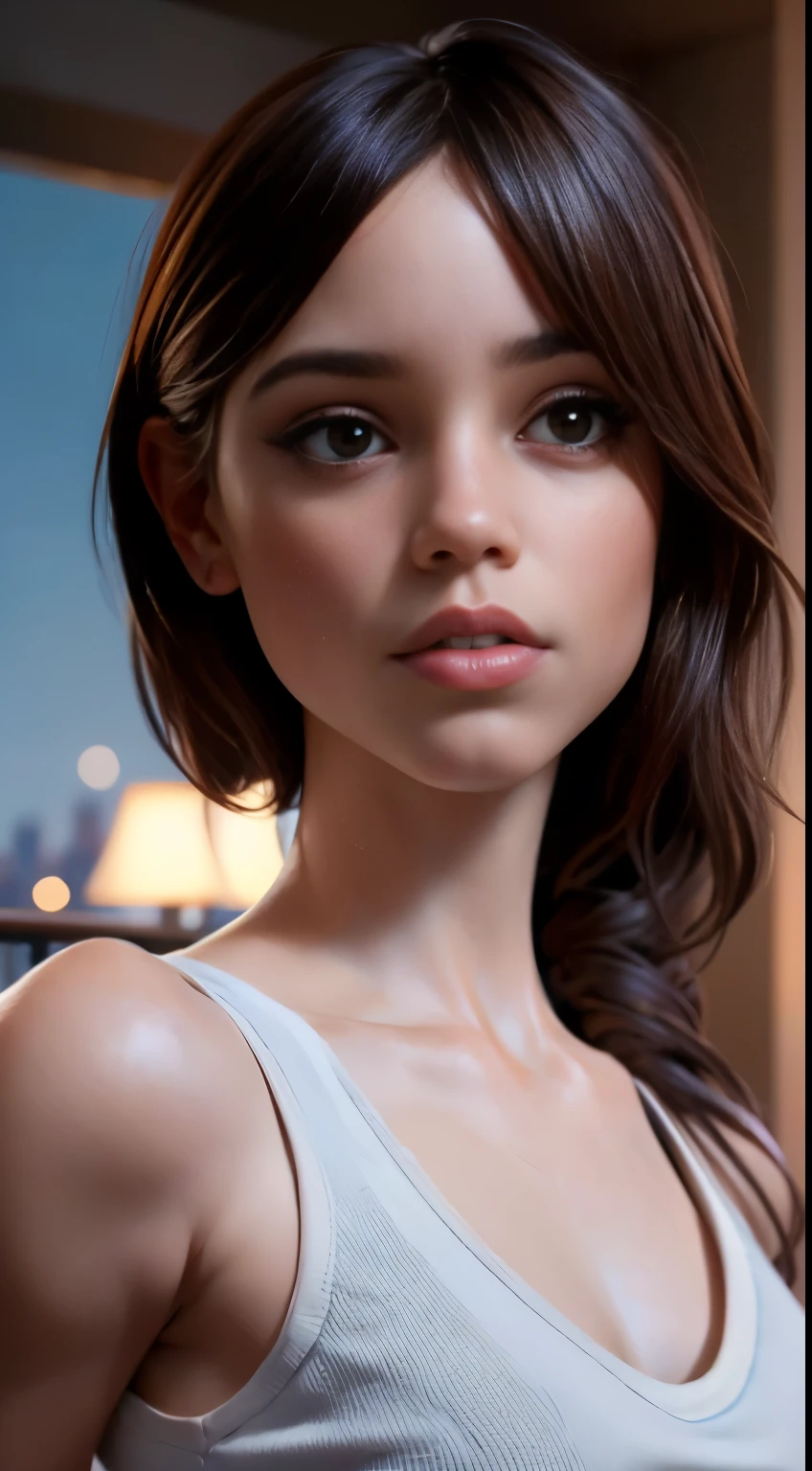 photo of Jenna Ortega, RAW, beautiful woman, ((portrait)), ((detailed face:1.2)), ((detailed facial feature, detailed skin, clear skin), (perfect proportioned body), arched back, (wearing a dark one shoulderdress) (high detailed city environment, apartment balcony), (realistic photo, best quality, detailed), (8k wallpaper), (cinematic lighting, dramatic lighting) (sharp focus, intricate)