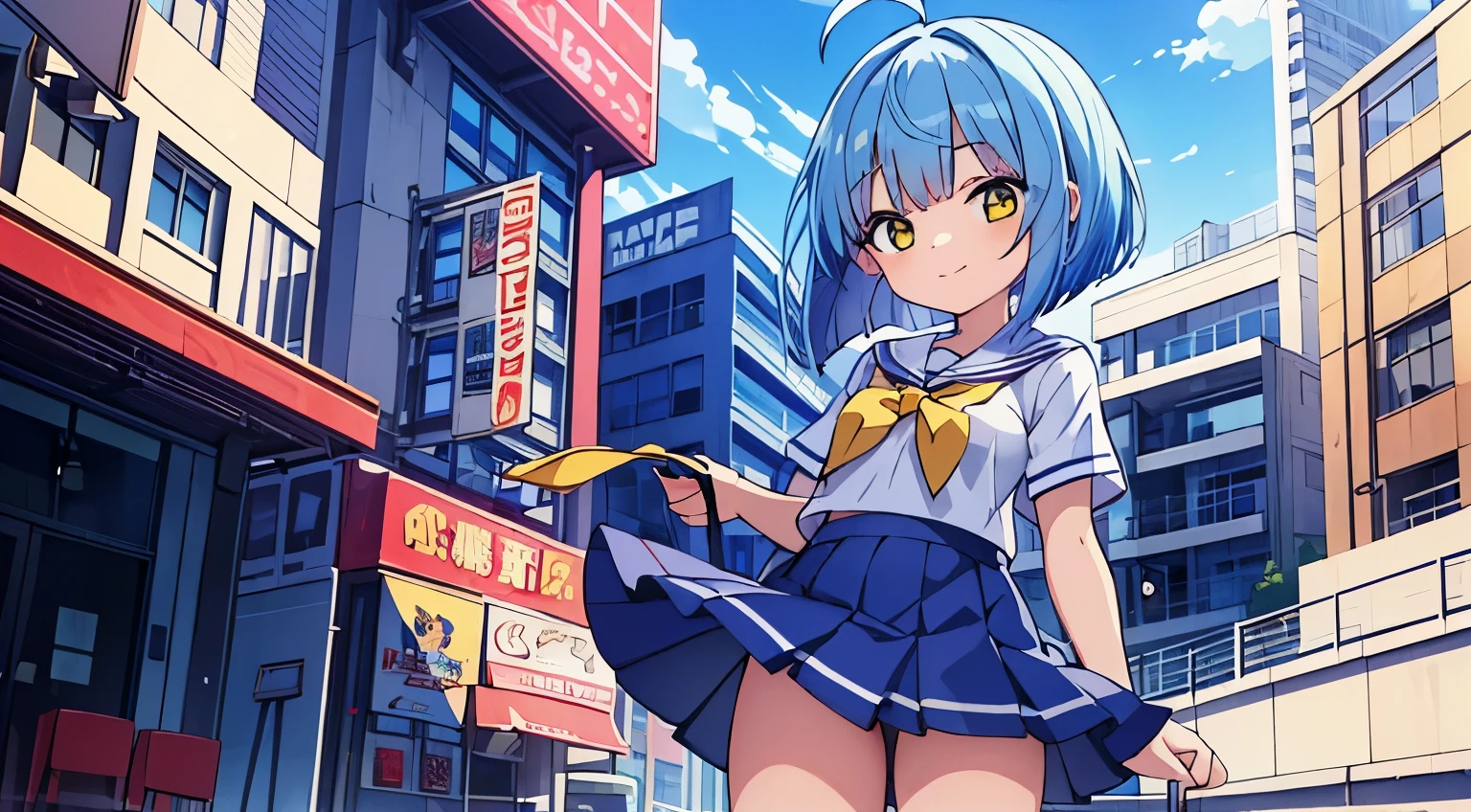 masterpiece, best quality, extremely detailed, anime, girl, blunt bang, skyblue hair, yellow eyes, girl, light smile, skyblue school uniform, mullet hairstyle, bob cut, miniskirt, ahoge
