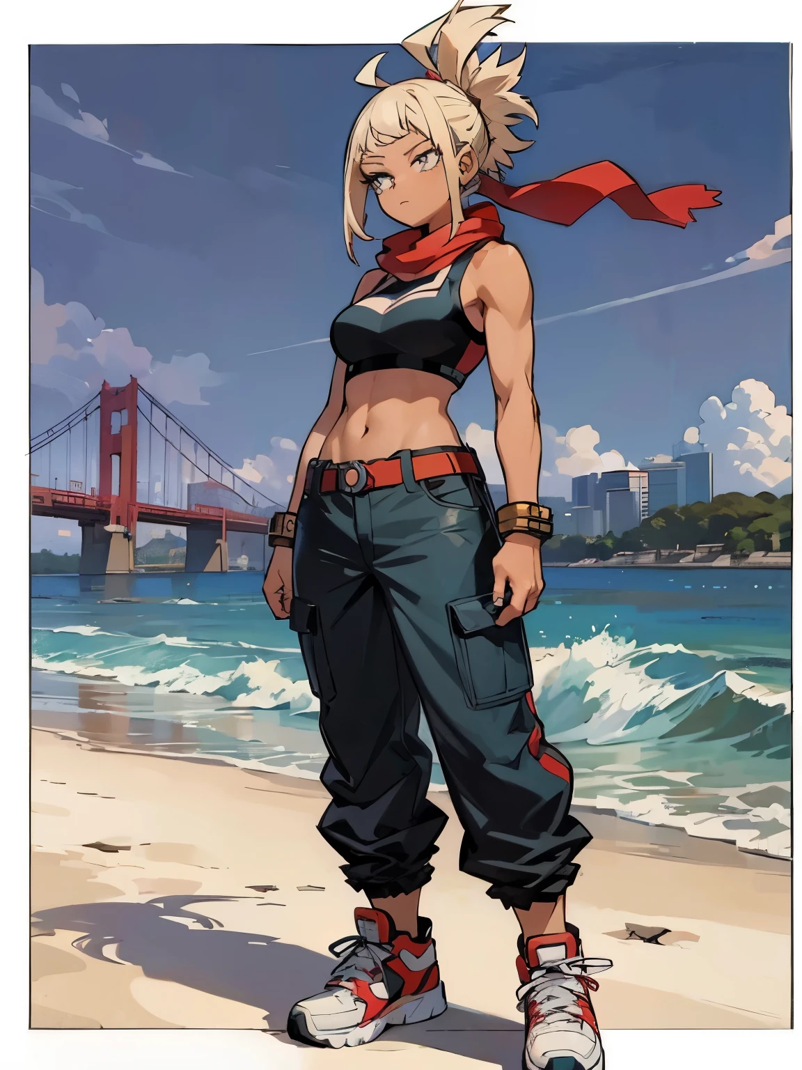 (((My Hero Academia Style))), 1girl, female, (Full Body Photo:1.5), Blonde girl, dark-skinned female, dark-skinned girl, violet eyes, short hair, spiky short hair, asymmetrical bangs, spiky bangs, long side bangs, spiky side bangs, spiky hair, confident smile, medium breasts, wide hips, round hips, wide thighs, thick thighs, Blue decorated nails, blue nails, Black tank top, Black top, Black tank top over red tube top, red tube top, tube top, brown mid-rise pants, baggy mid-rise pants, baggy pants, mid-rise pants, red sneakers, sneakers, Perfect anatomy, perfect hands, super detailed, standing, standing pose, cowboy shot, cowboy shot pose, peace sign, peace sign pose, Beach road background, beach road, road background, beach background,