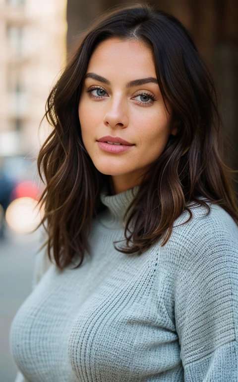 Beautiful brunette with blonde highlights wearing a black tom ford sweater, highly detailed, 42 years old, , boobs, beautiful face, natural wavy hair, blue eyes, high resolution, Masterpiece, Best quality, Intricate high detail, Highly detailed, Sharp focus, Detailed skin, realistic skin texture, texture, detailed eyes, professional, 4k, charming smile, shot on Canon, 85mm, shallow depth of field, Kodak Vision Color, Perfect Fit Body , extremely detailed, photography_\(ultra\), Photorealistic, Realistic, Post-processing, maximum details, roughness, real life, ultra realistic, Photorealism, photography, 8k UHD, photography, busty