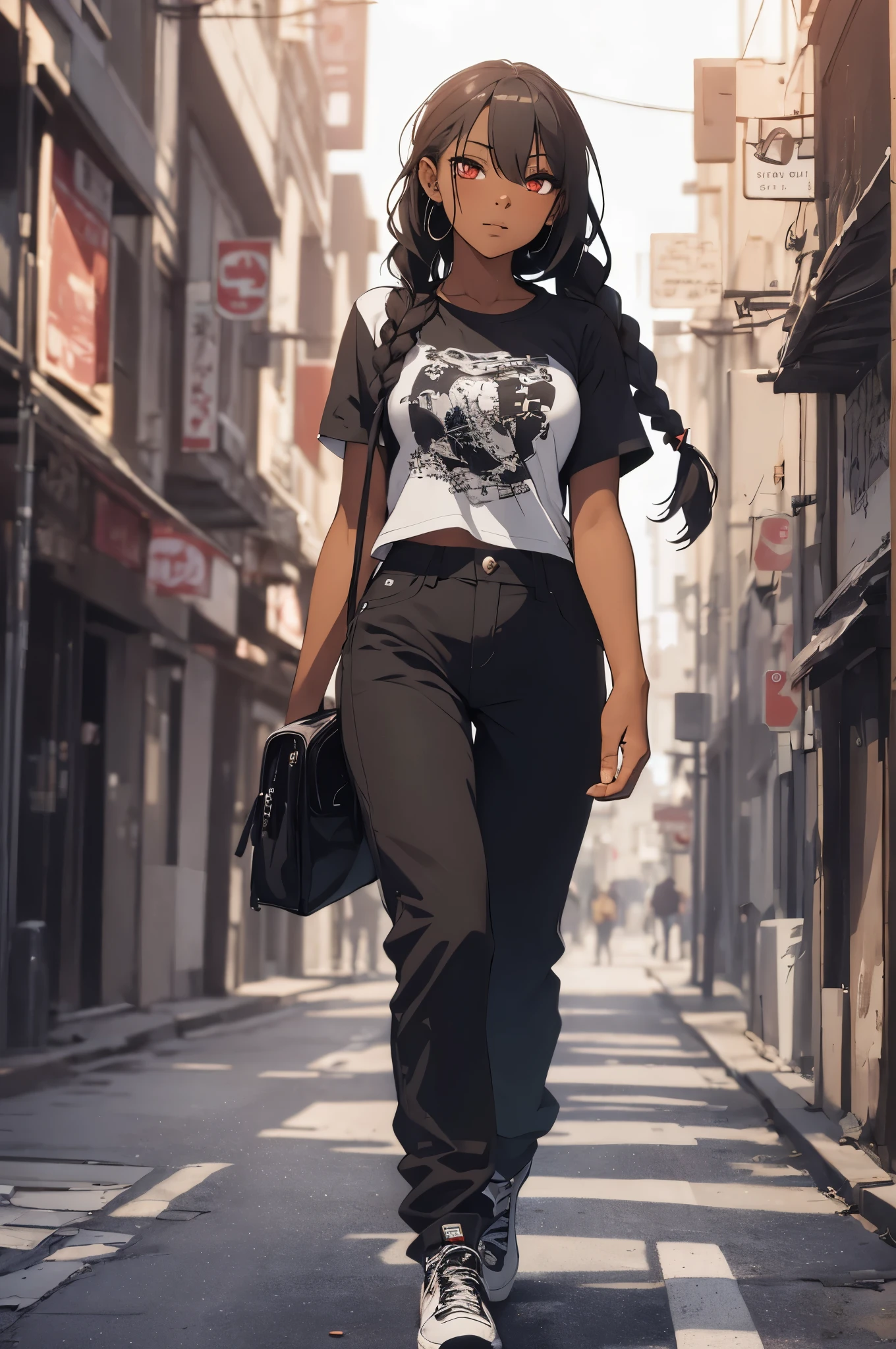 anime girl with long braids and red eyes, African American skin, black, brown skin, beautiful, model, , wearing t shirt, pants, full body shot, walking, city background, 4k, masterpiece, official art , highly detailed, rtx, ray tracing