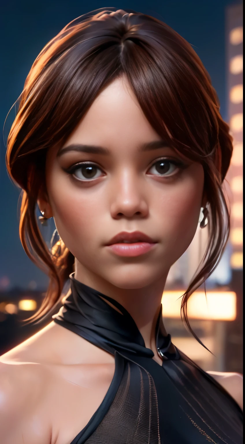 photo of Jenna Ortega, RAW, beautiful woman, ((portrait)), ((detailed face:1.2)), ((detailed facial feature, detailed skin, clear skin), (perfect proportioned body), (wearing a dark one shoulder dress) (high detailed city environment, apartment balcony), (realistic photo, best quality, detailed), (8k wallpaper), (cinematic lighting, dramatic lighting) (sharp focus, intricate)