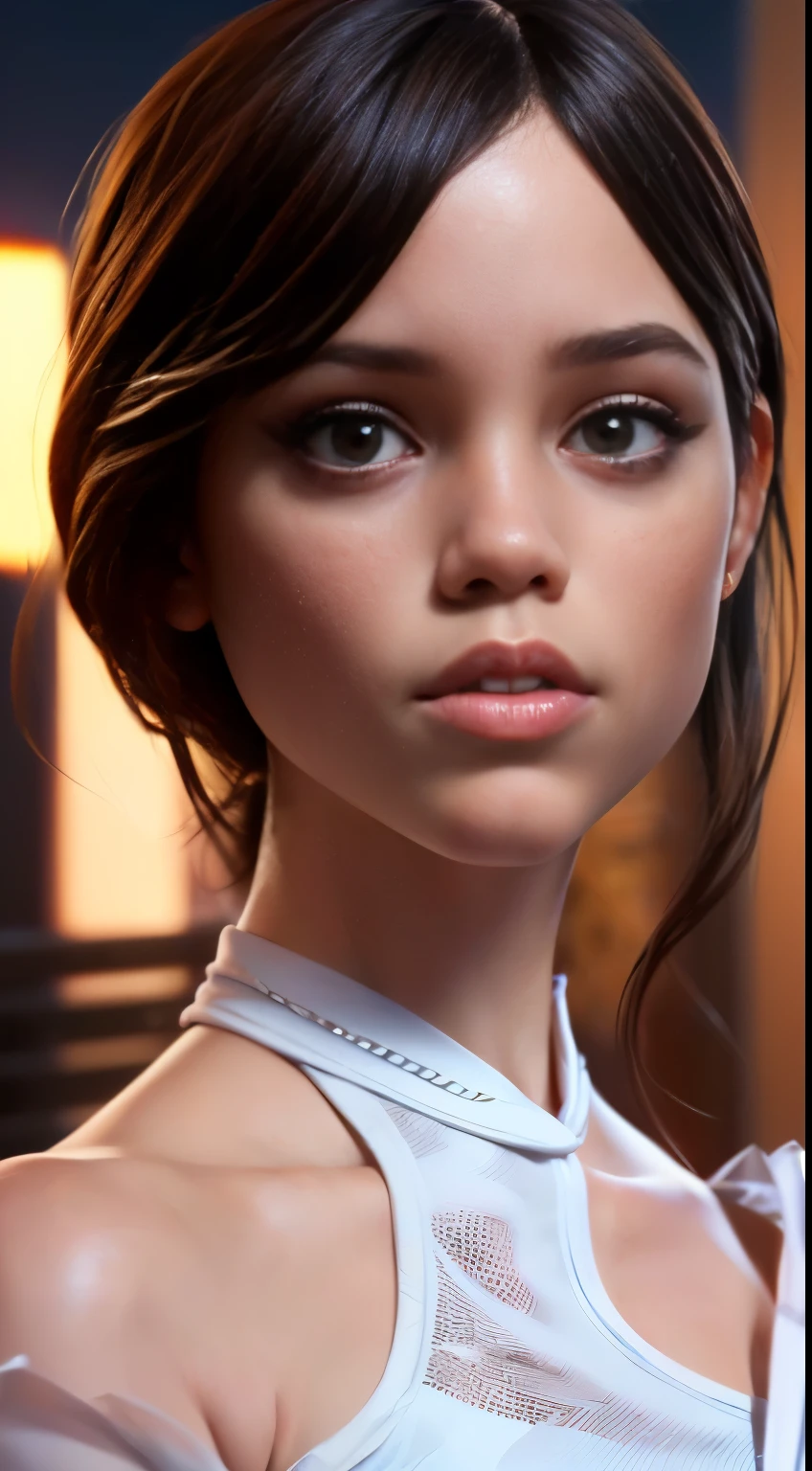 photo of Jenna Ortega, RAW, beautiful woman, ((portrait)), ((detailed face:1.2)), ((detailed facial feature, detailed skin, clear skin), (perfect proportioned body), (wearing a dark one shoulder dress) (high detailed city environment, apartment balcony), (realistic photo, best quality, detailed), (8k wallpaper), (cinematic lighting, dramatic lighting) (sharp focus, intricate)