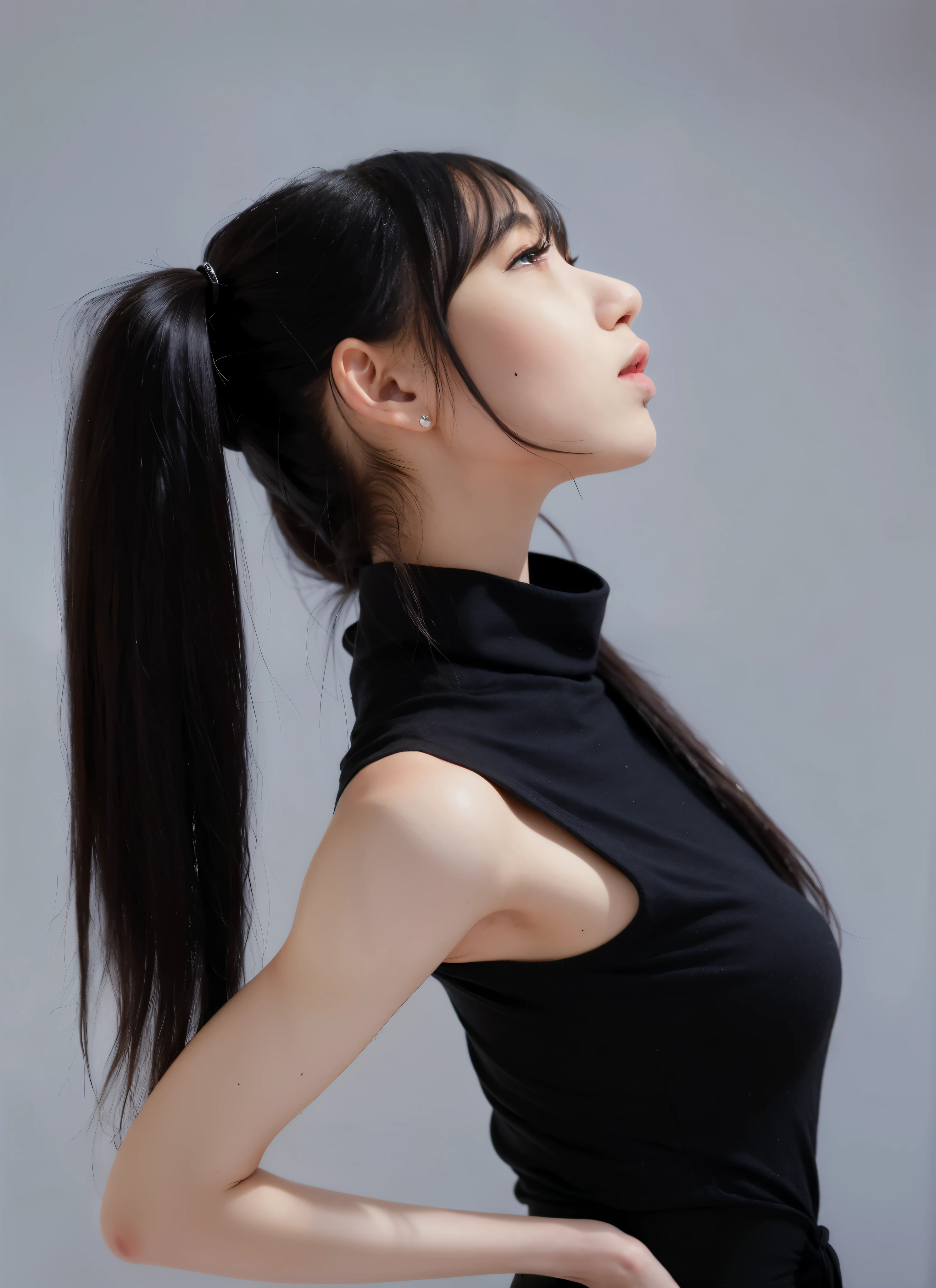 Arafed woman with long hair posing in black dress, long black hair in a ponytail, long Black ponytail, Ponytail Black Hair, Black ponytail hair, Black ponytail, long thin black hair, hair in slick low ponytail, Long ponytail, Asian girl with long hair, photo of slim girl model, with a ponytail, elegant profile pose, long hair with a ponytail