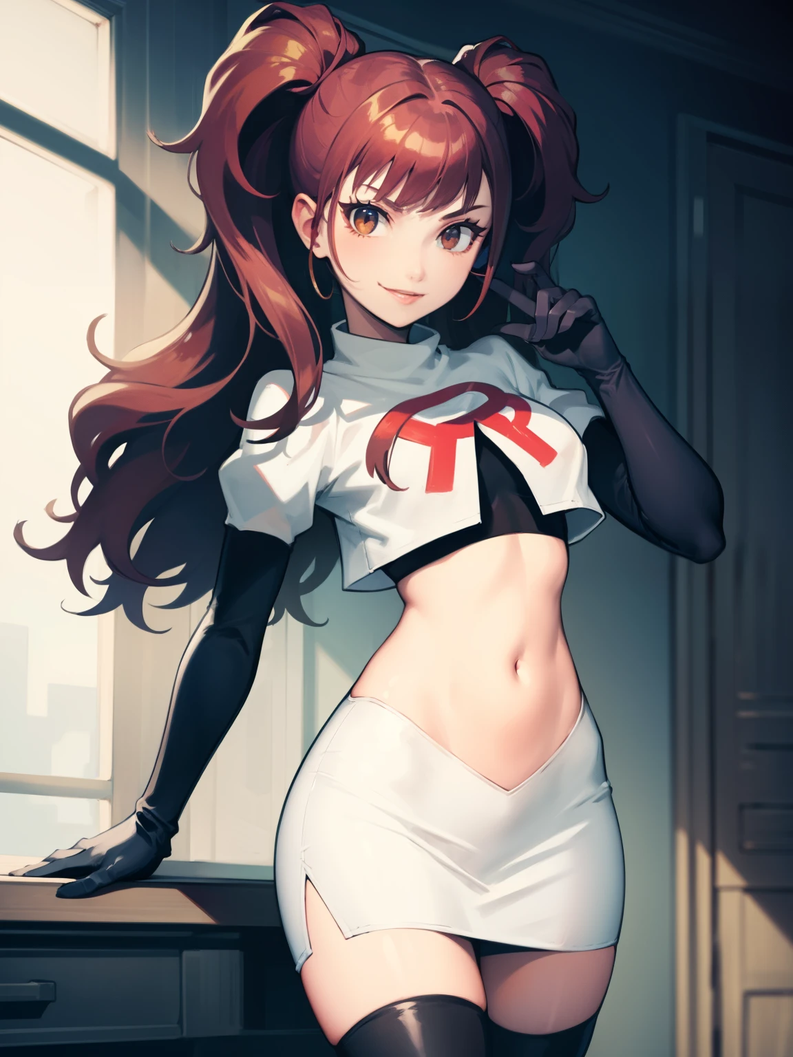 Rise Kujikawa (Persona) ,glossy lips ,team rocket uniform, red letter R, white skirt,white crop top,black thigh-high boots, black elbow gloves, evil smile, looking at viewer, cowboy shot