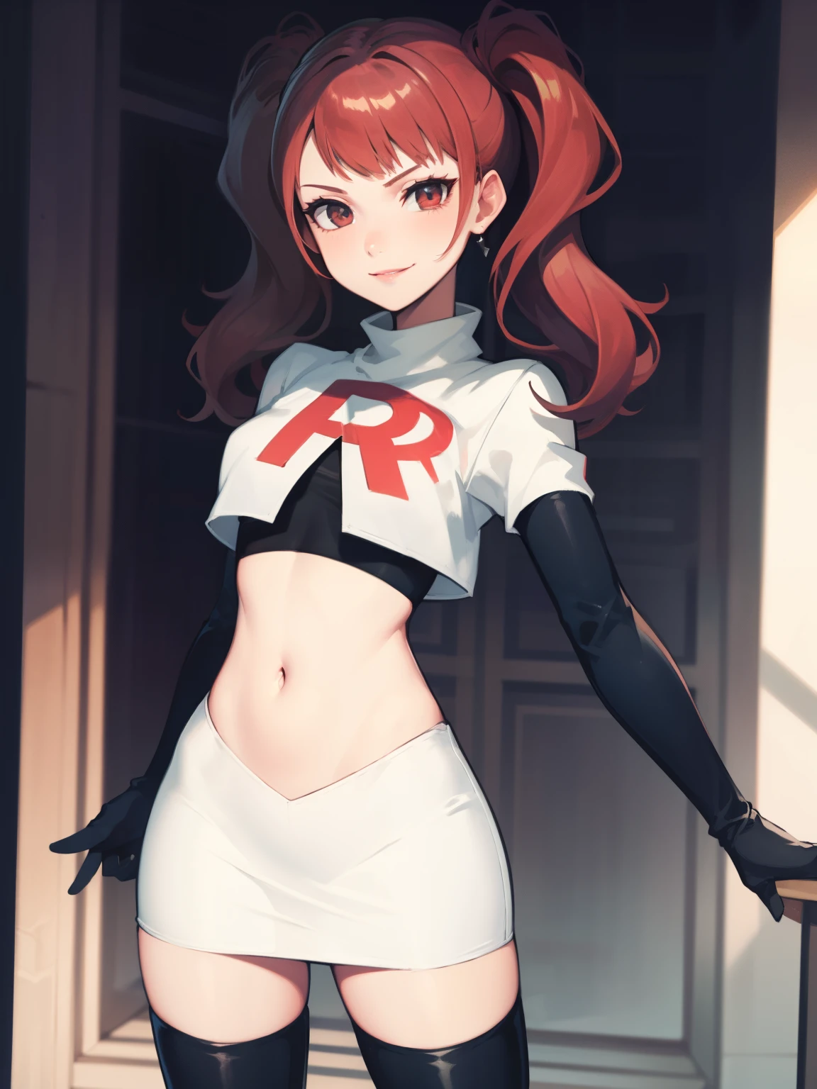 Rise Kujikawa (Persona) ,glossy lips ,team rocket uniform, red letter R, white skirt,white crop top,black thigh-high boots, black elbow gloves, evil smile, looking at viewer, cowboy shot