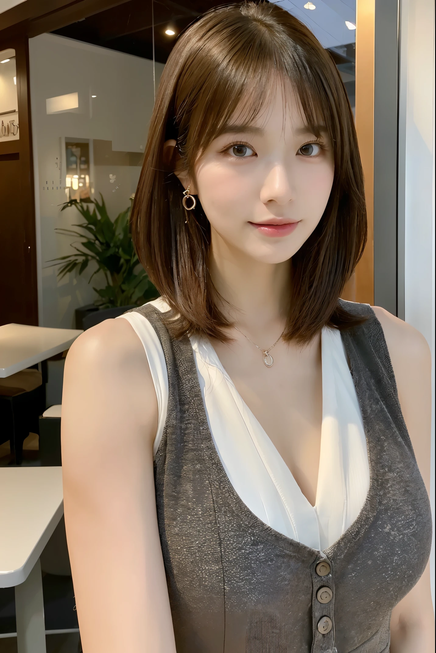 (The ultra -The high-definition:1.5)(ultra-detailliert:1.3) (ultra-quality) (An ultra-high picture quality:1.5) (rialistic photo:1.3) A Japanese Lady　21years old　((detailed and beautiful faces:1.3)) ((realistic skin textures:1.say exactly, High-quality eyes:1.3)) ((The beauty of detailed and high-quality ears:1.3)) ((Beautiful skin that is very fair and transparent:1.3)) ((Beautifully groomed straight short bob hair:1.3))Complete body　beautiful proportion　(Thin sleeveless shirt in fabric)　The background is the inside of a cafe at dusk....　Beautiful, Luxurious and stylish interior　((happy viewers&#39;s eyes)) Wet lips ajar　 Colossal tits　Unclear　((kawaii))