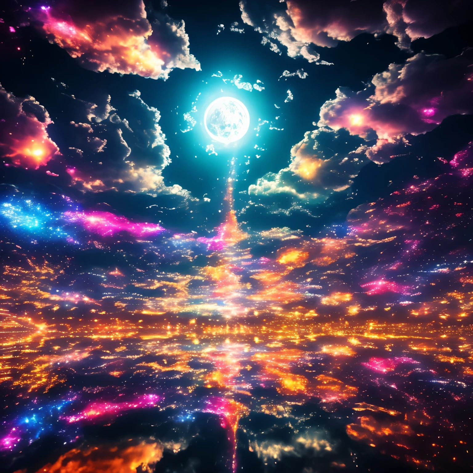 finest image, 8k, RAW photo, realistic, detailed, delicate, flashy and dynamic depiction, kaleidoscope, huge magic circle, pale full moon, static electricity, electric discharge, geometric pattern, irregularity, mysterious, sign of something happening, wide space at night, night sky, colorful, digital, art, background galaxy, rainbow colors neon line light, professional lighting