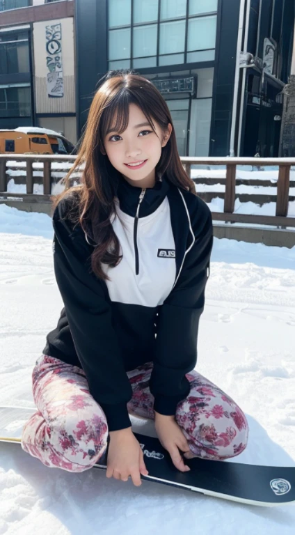 masutepiece, Best Quality, Illustration, Ultra-detailed, finely detail, hight resolution, 8K Wallpaper, Perfect dynamic composition, Beautiful detailed eyes, Women's Fashion Summer,Medium Hair,Colossal tits,Natural Color Lip, Bold sexy poses,Smile,Harajuku、20 years girl、Cute、Sexy shot looking at camera、snow board、snowboarder、Cute Ski Wear、a ski、Spread your legs wide、spreading crotch、itting open legs
