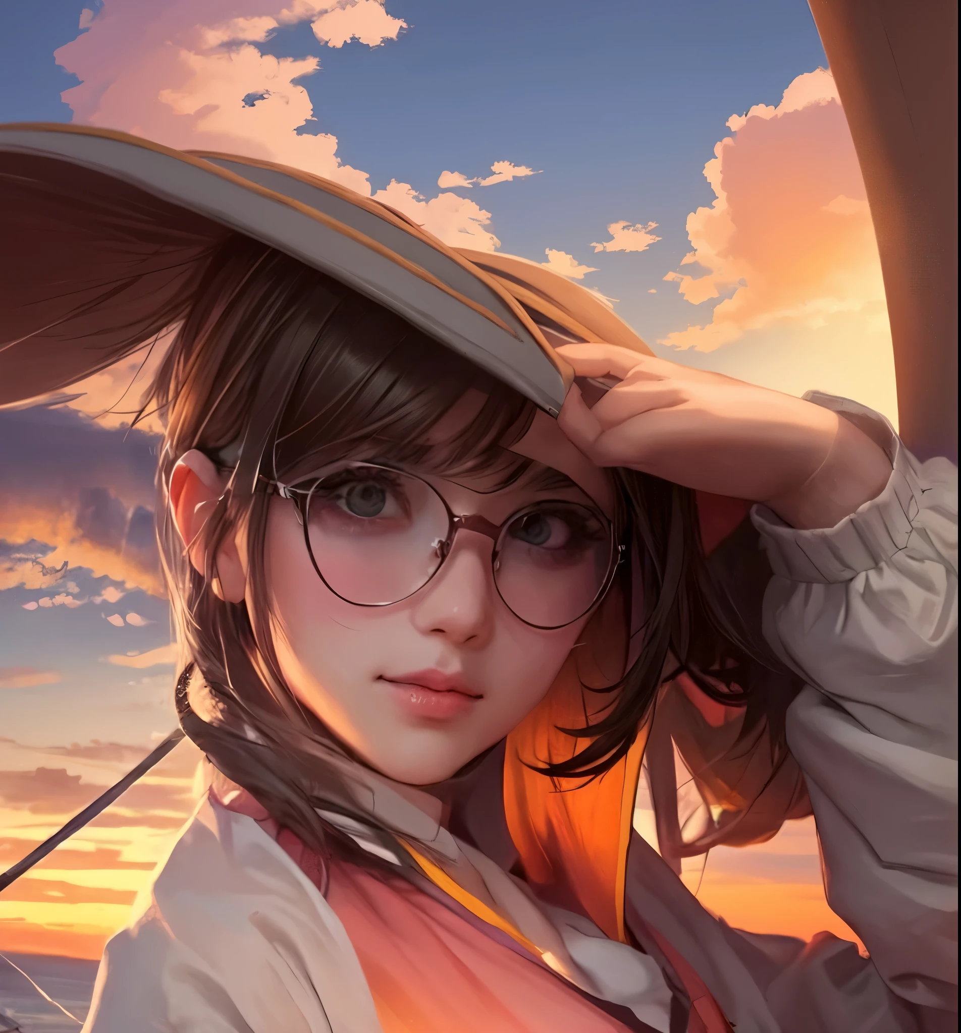 Anime girl wearing glasses and pink shirt on the boat, Guweiz style artwork, guweiz, Artgerm and Atey Ghailan, Makoto Shinkai and Artgerm, detailed portrait of an anime girl, a beautiful anime portrait, detailed digital anime art, realistic anime 3D style, a stunning anime face portrait, Anime realistic style