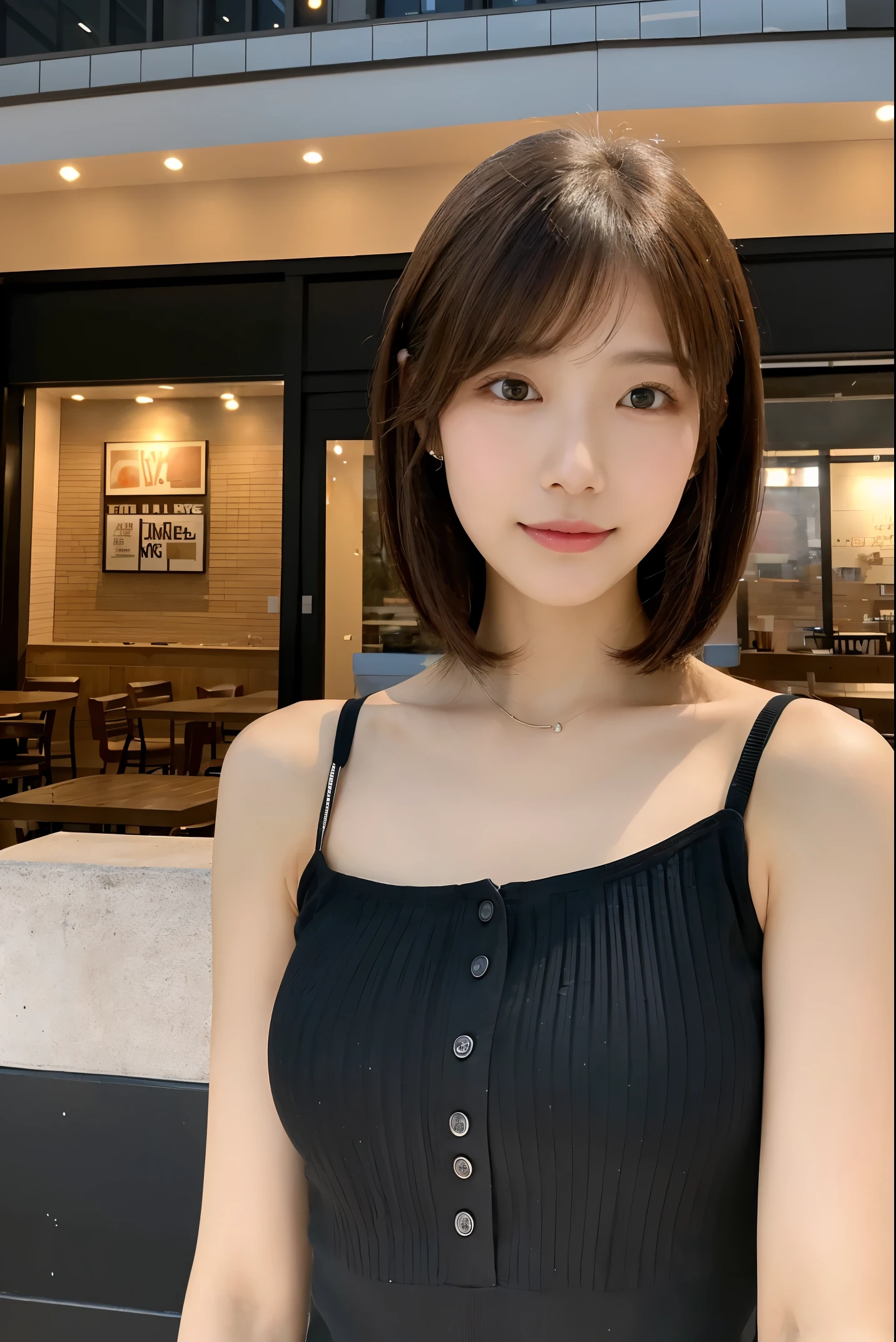 (The ultra -The high-definition:1.5)(ultra-detailliert:1.3) (ultra-quality) (An ultra-high picture quality:1.5) (rialistic photo:1.3) A Japanese Lady 21years old ((detailed and beautiful faces:1.3)) ((realistic skin textures:1.say exactly, High-quality eyes:1.3)) ((The beauty of detailed and high-quality ears:1.3)) ((Beautiful skin that is very fair and transparent:1.3)) ((Beautifully groomed straight short bob hair:1.3))Complete body beautiful proportion (Thin sleeveless shirt in fabric) The background is the inside of a cafe at dusk.... Beautiful, Luxurious and stylish interior ((happy viewers's eyes)) Wet lips ajar Colossal tits Unclear ((kawaii))