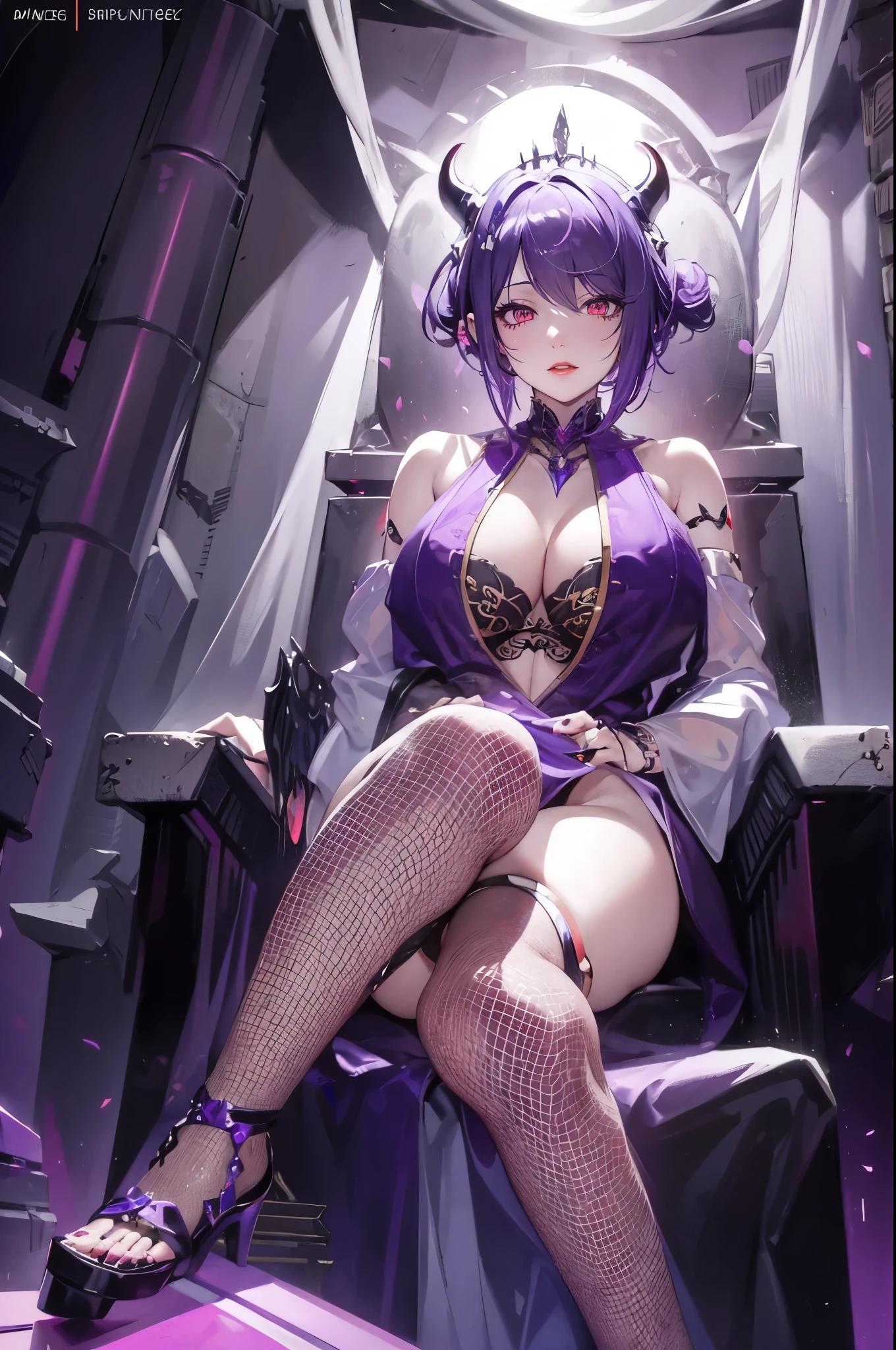 Body is extremely normal,close up,The world of dreams,Dragon Queen, Purple black super short bun,head chain jewelry,(ear studs,Redlip),A pair of dragon horns,A pair of huge broken dragon wings,Armored tights,Sit on the throne,humanoid creature, (Volcano throne background), Her skin is very white, White complexion,red eyes,Tie up dark purple short hair, two longer legs,Black stockings beautiful legs,heeled sandals,nail art,Tattoos are,