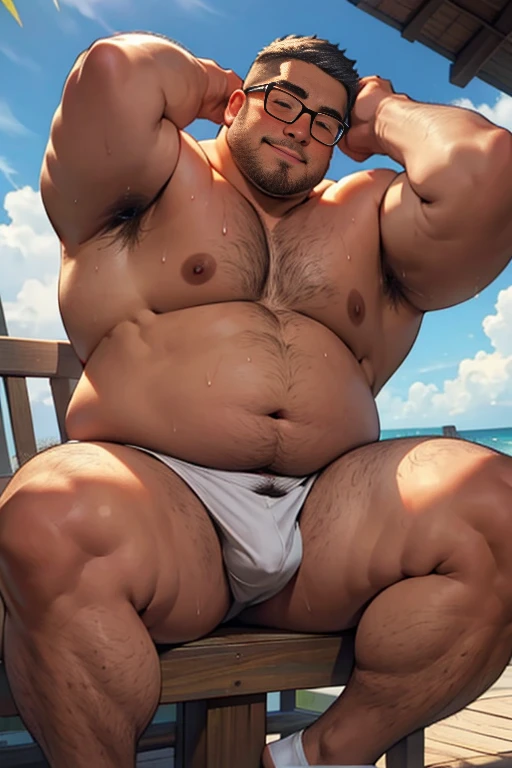 ​masterpiece,top-quality, in 8K, A fat manNaked, Spread legs, stretch and relax, nerdy, short legs, Bowleg, (fatness: 1.0), Blushing and relaxed fat man, looks sleepy, Bare belly, Bare legs, Shirtless, Glasses, thinning hair, Man with big face, Round face, Wet body, steams,wanking