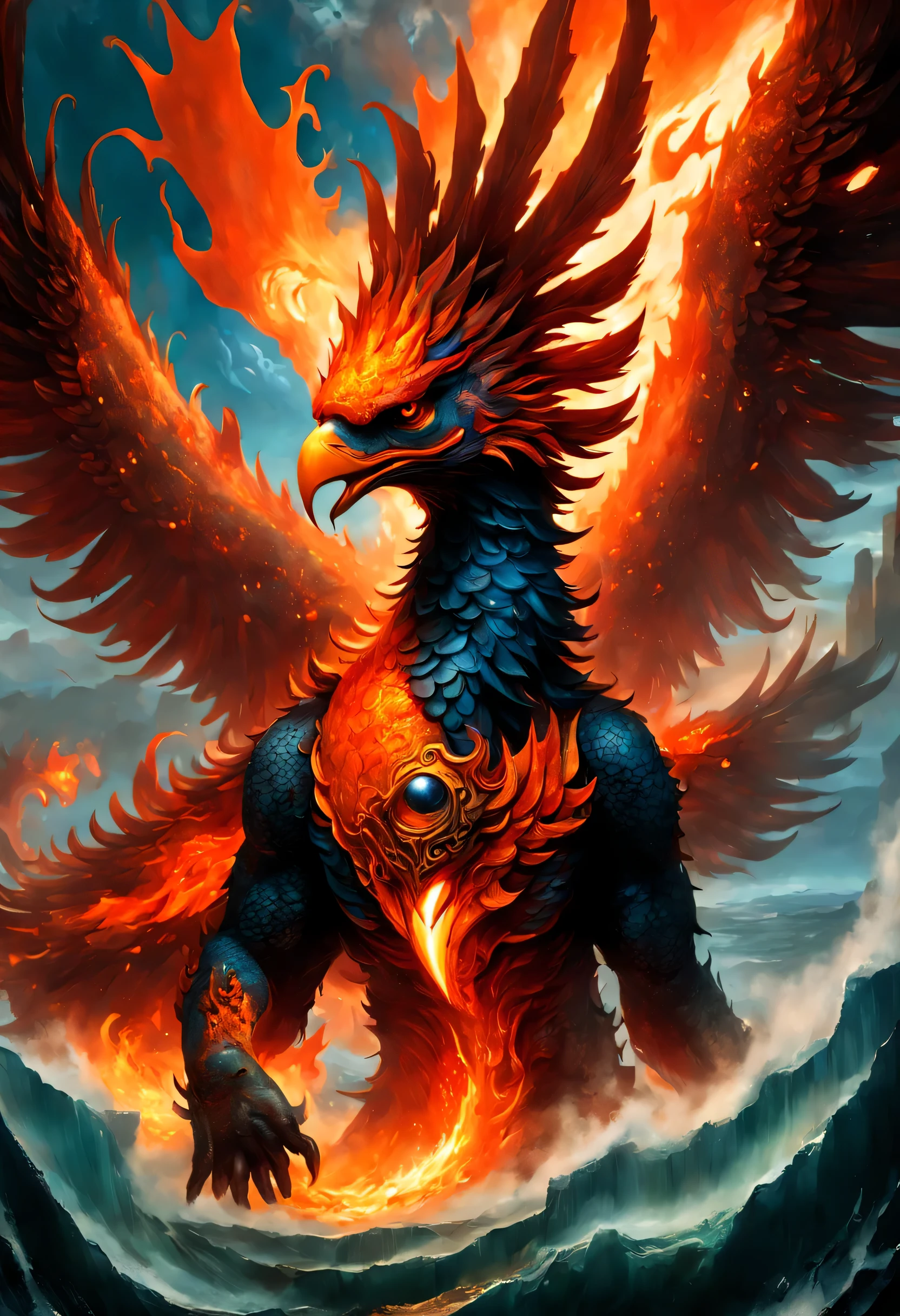 (Fantasy masterpiece:1.5), (La mejor calidad:1.5), (intrincados detalles de llamas:1.5), (Enfocar detalles), (Ultra detallado:1.5), (Cara detallada, ojos detallados, Cuerpo detallado, efectos detallados, Antecedentes detallados, Paisaje detallado:1.5) | (mientras el gigante salvaguarda las tierras, Leviathan guards the depths of the sea., It is the almighty phoenix, the guardian of the heavens, con su cuerpo ardiente y majestuoso, The phoenix rules everything that exists up in the sky.:1.5),painting oil painting