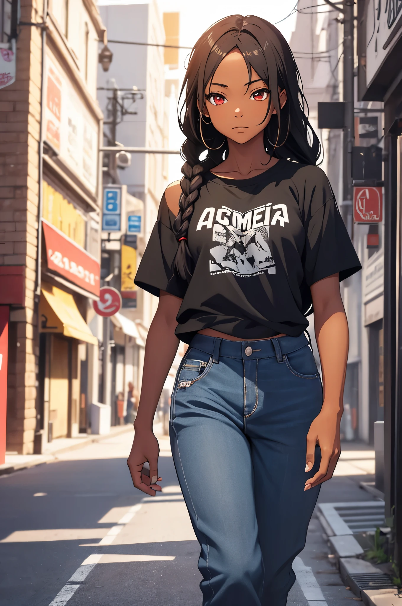 anime girl with long braids and red eyes, African American skin, black, brown skin,  beautiful, model, , wearing t shirt, pants,  full body shot, walking, city background, 4k, masterpiece, official art , highly detailed, rtx, ray tracing