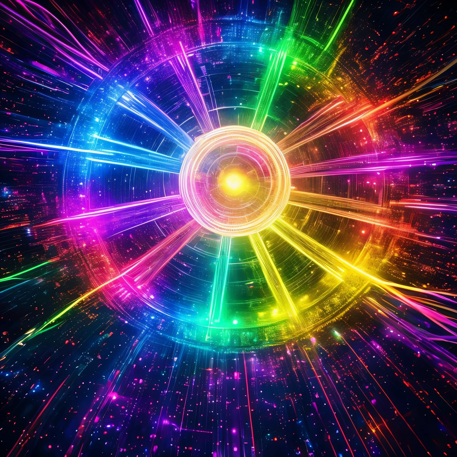 The best images, 8K, Raw photo, Realistic, Detailed, Delicate, Flashy and dynamic depiction, Kaleidoscope, Giant magic circle, Pale Full Moon, static electricity, discharge, Geometric pattern, irregularity, Mysterious, a sign that something is about to happen, wide space at night, nigh sky, Colorful, digital, Art Book, background galaxy, rainbow colored neon line light, Professional Lighting