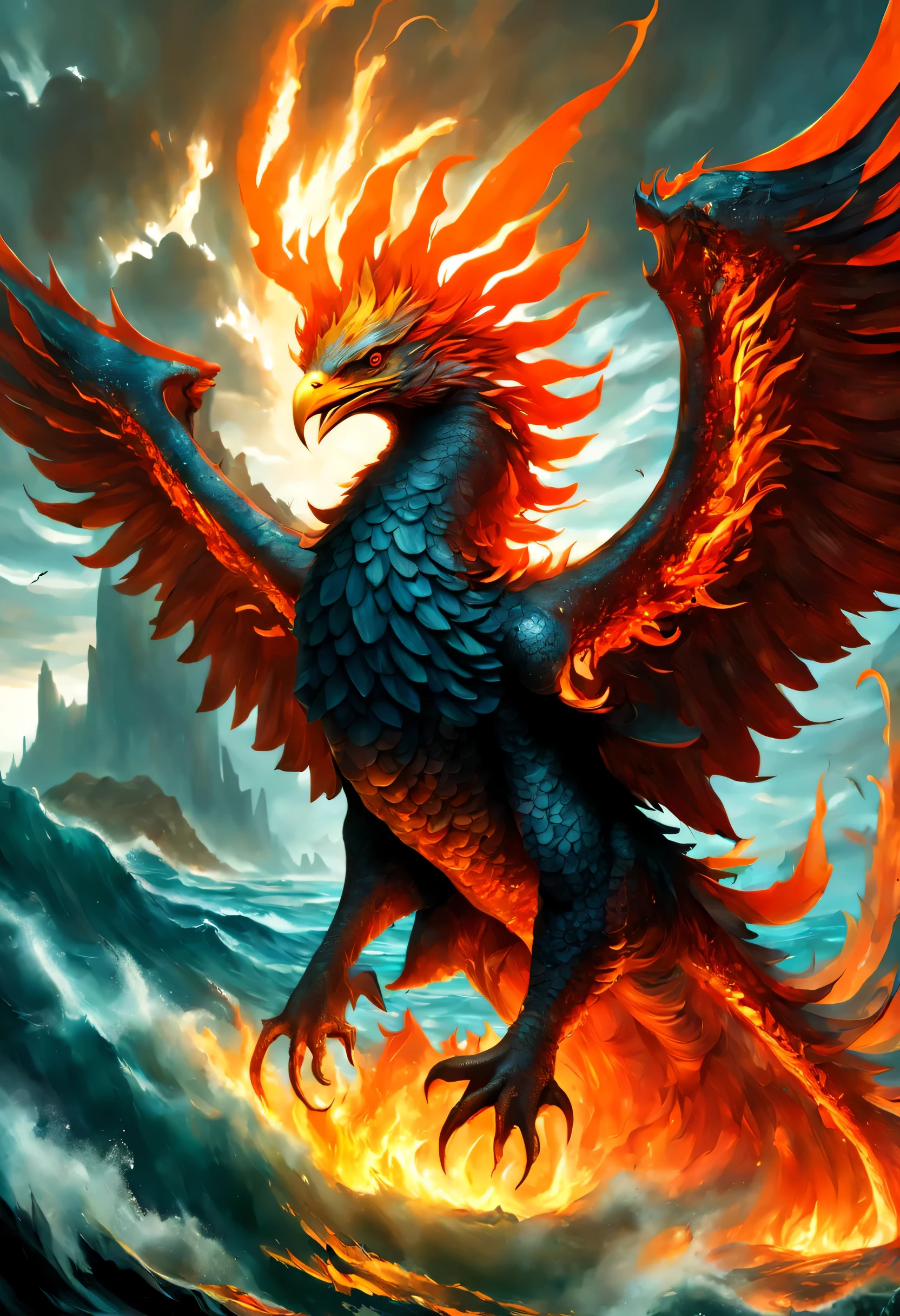 (Fantasy masterpiece:1.5), (La mejor calidad:1.5), (intrincados detalles de llamas:1.5), (Enfocar detalles), (Ultra detallado:1.5), (Cara detallada, ojos detallados, Cuerpo detallado, efectos detallados, Antecedentes detallados, Paisaje detallado:1.5) | (mientras el gigante salvaguarda las tierras, Leviathan guards the depths of the sea., It is the almighty phoenix, the guardian of the heavens, con su cuerpo ardiente y majestuoso, The phoenix rules everything that exists up in the sky.:1.5),painting oil painting