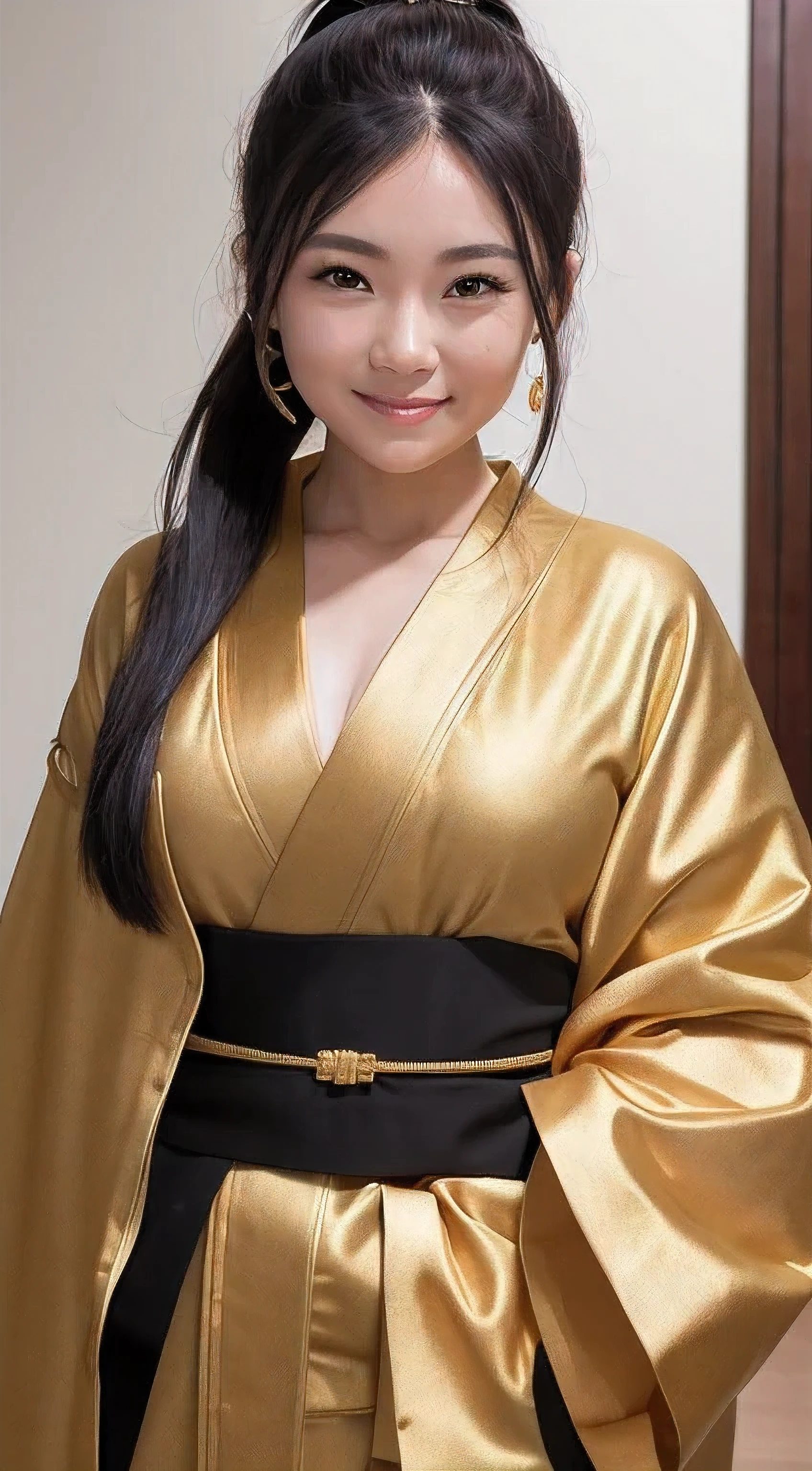 Beautuful Women , a woman standing with 20 years in Golden kimono, Body and head straight in the photo, Ponytail hair, Black hair, Cute,Smile, shrines, shining background, Golden kimono,Half body,,Facing the viewer of the photo, Eyes fixed on the lens, You will see the shoulders and head in the photo, woman in the center of the photo, 8K, Best Quality, masutepiece,
