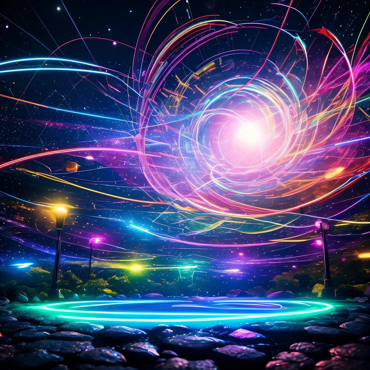 The best images, 8K, Raw photo, Realistic, Detailed, Delicate, Flashy and dynamic depiction, Kaleidoscope, Giant magic circle, Pale Full Moon, static electricity, discharge, Geometric pattern, irregularity, Mysterious, a sign that something is about to happen, wide space at night, nigh sky, Colorful, digital, Art Book, background galaxy, rainbow colored neon line light, Professional Lighting