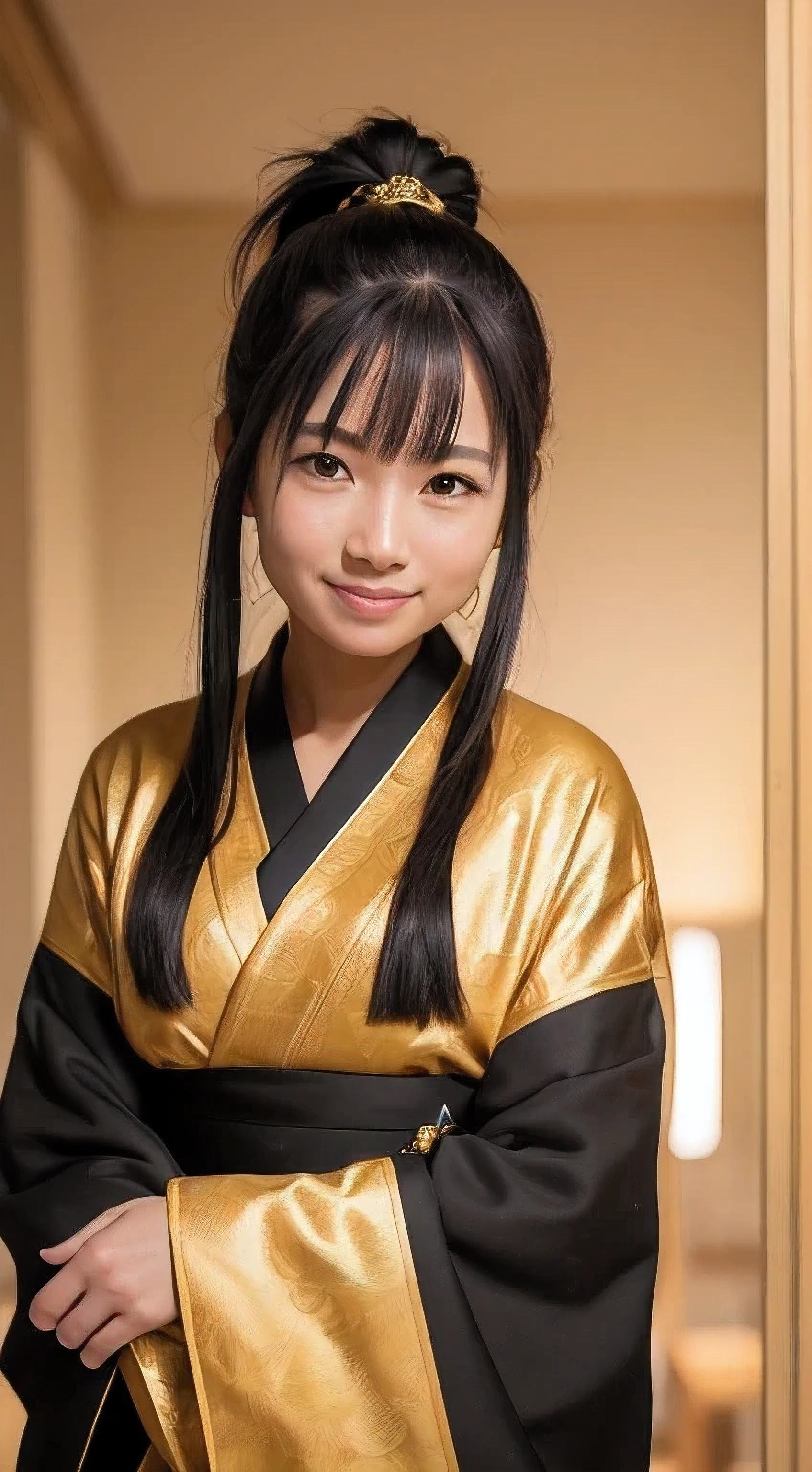 Beautuful Women , a woman standing with 20 years in Golden kimono, Body and head straight in the photo, Ponytail hair, Black hair, Cute,Smile, shrines, shining background, Golden kimono,Half body,,Facing the viewer of the photo, Eyes fixed on the lens, You will see the shoulders and head in the photo, woman in the center of the photo, 8K, Best Quality, masutepiece,